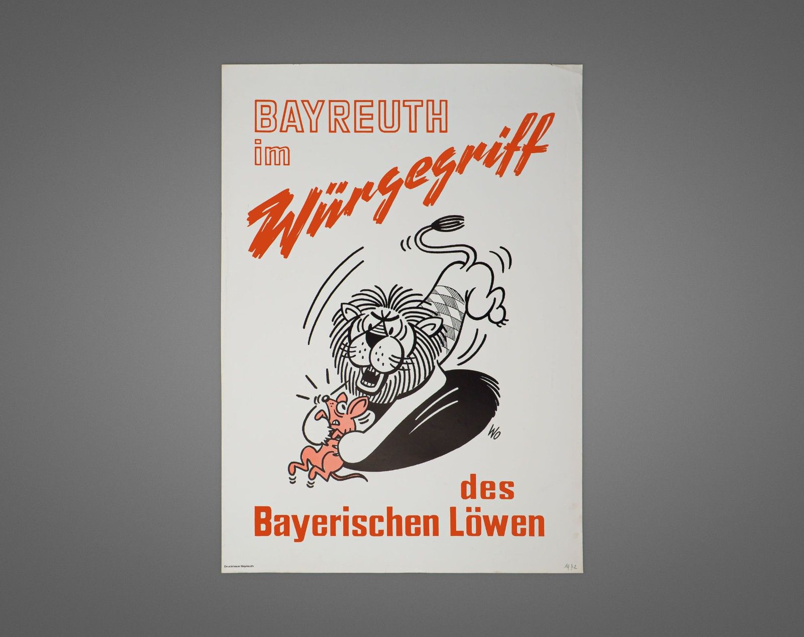 Original 1970s Vintage German Bavarian Lion And Mouse Political Cartoon Poster