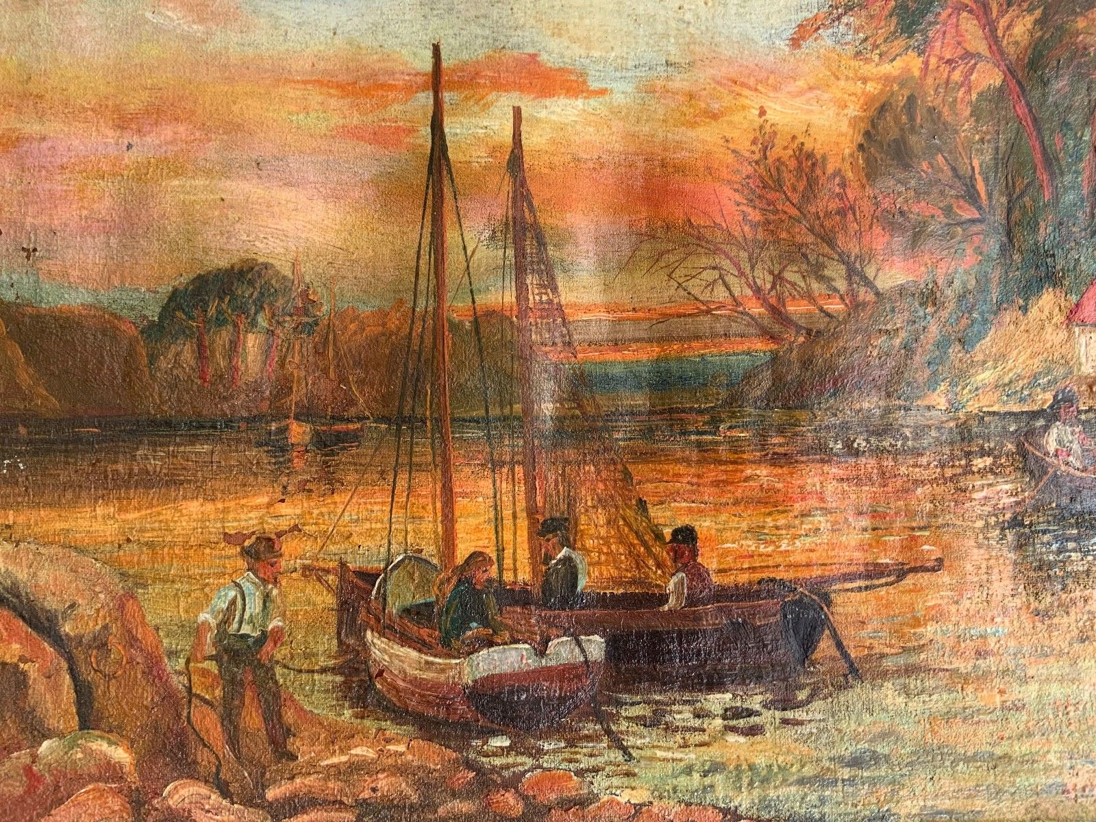 Antique Folk Art Oil On Canvas Fisherman’s Scene Landscape 19th Century photo Art
