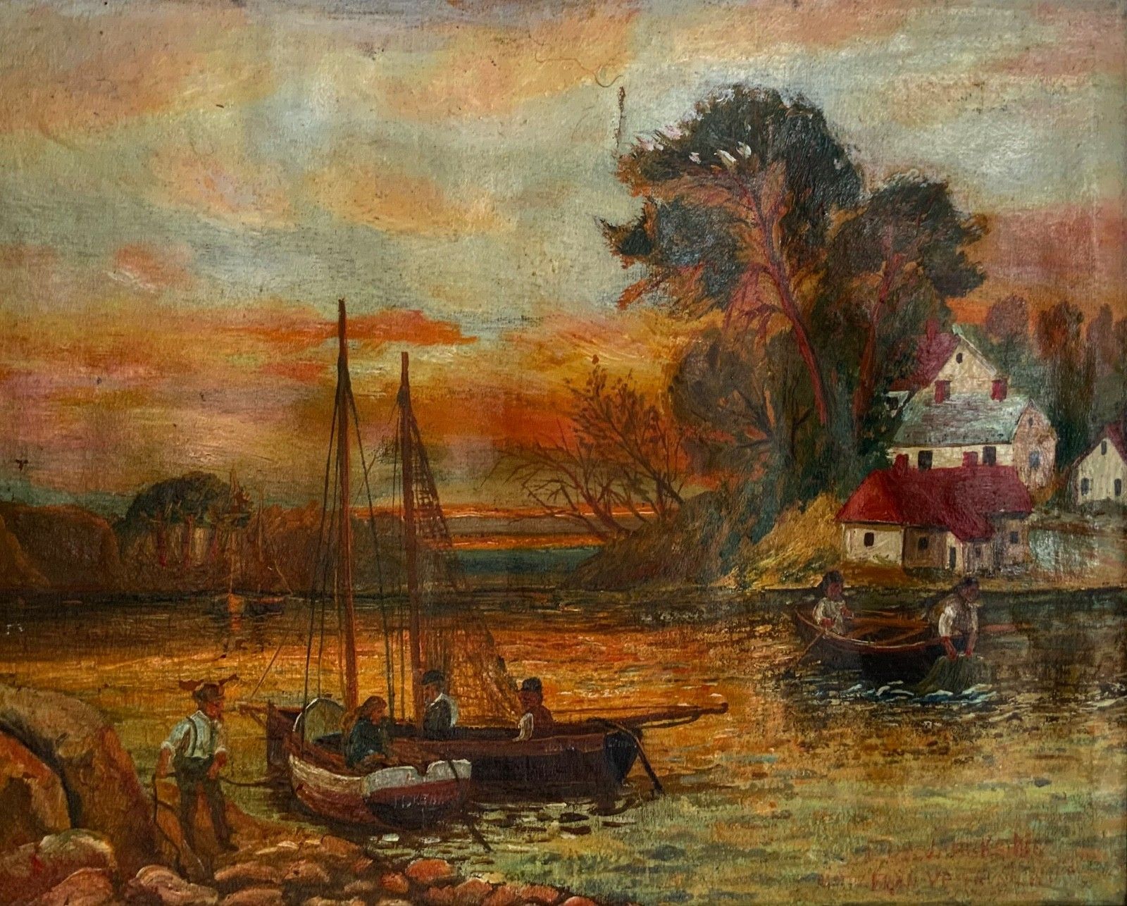 Antique Folk Art Oil On Canvas Fisherman’s Scene Landscape 19th Century photo vinterior