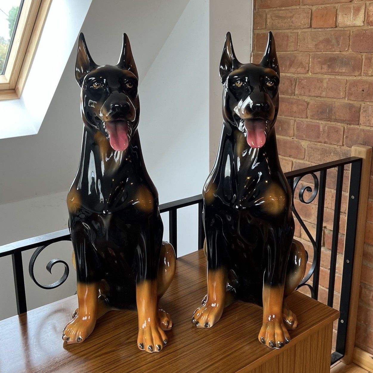 Pair Of Boxer Ceramiche Seated Doberman Dogs Ceramic Figures Statues Italian photo furniture