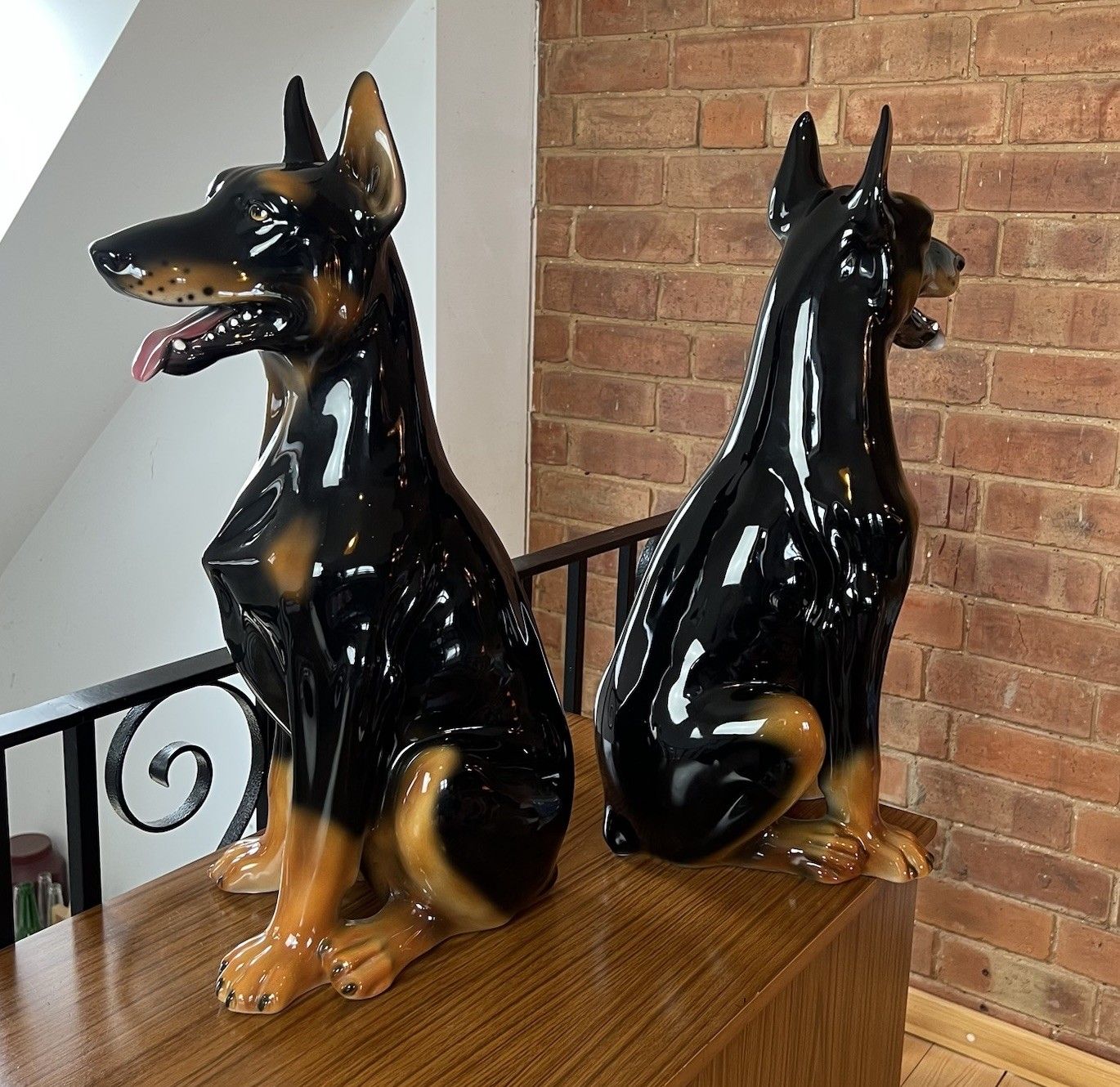 photo for sale Pair Of Boxer Ceramiche Seated Doberman Dogs Ceramic Figures Statues Italian