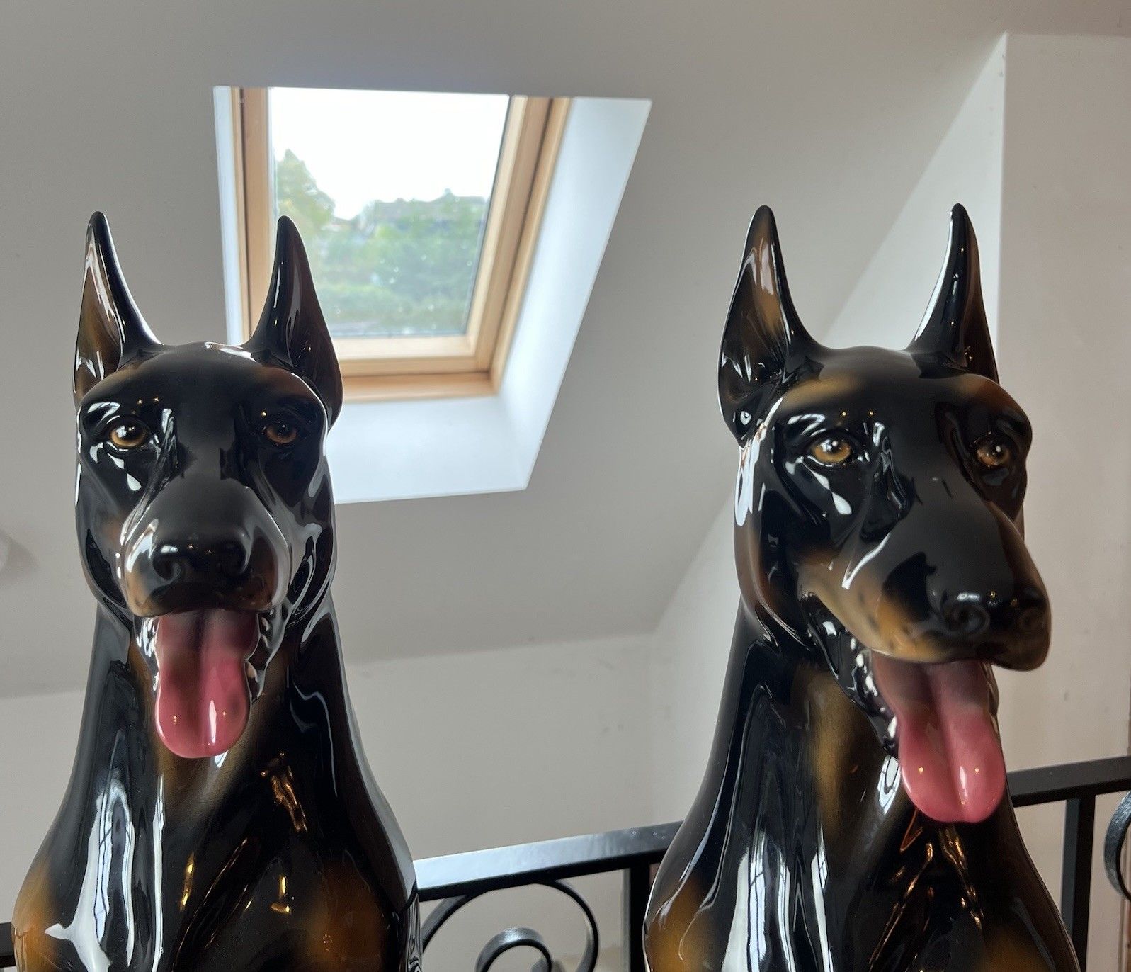 Art Pair Of Boxer Ceramiche Seated Doberman Dogs Ceramic Figures Statues Italian photo