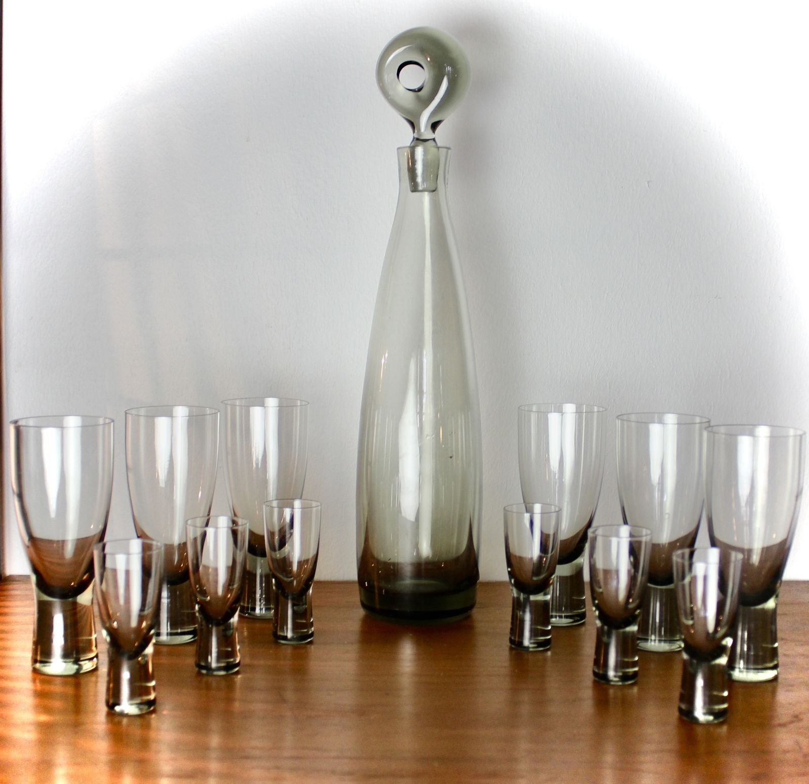 Per Lutken Smoky Grey Glass Aristocrat Decanter And Twelve Glasses
