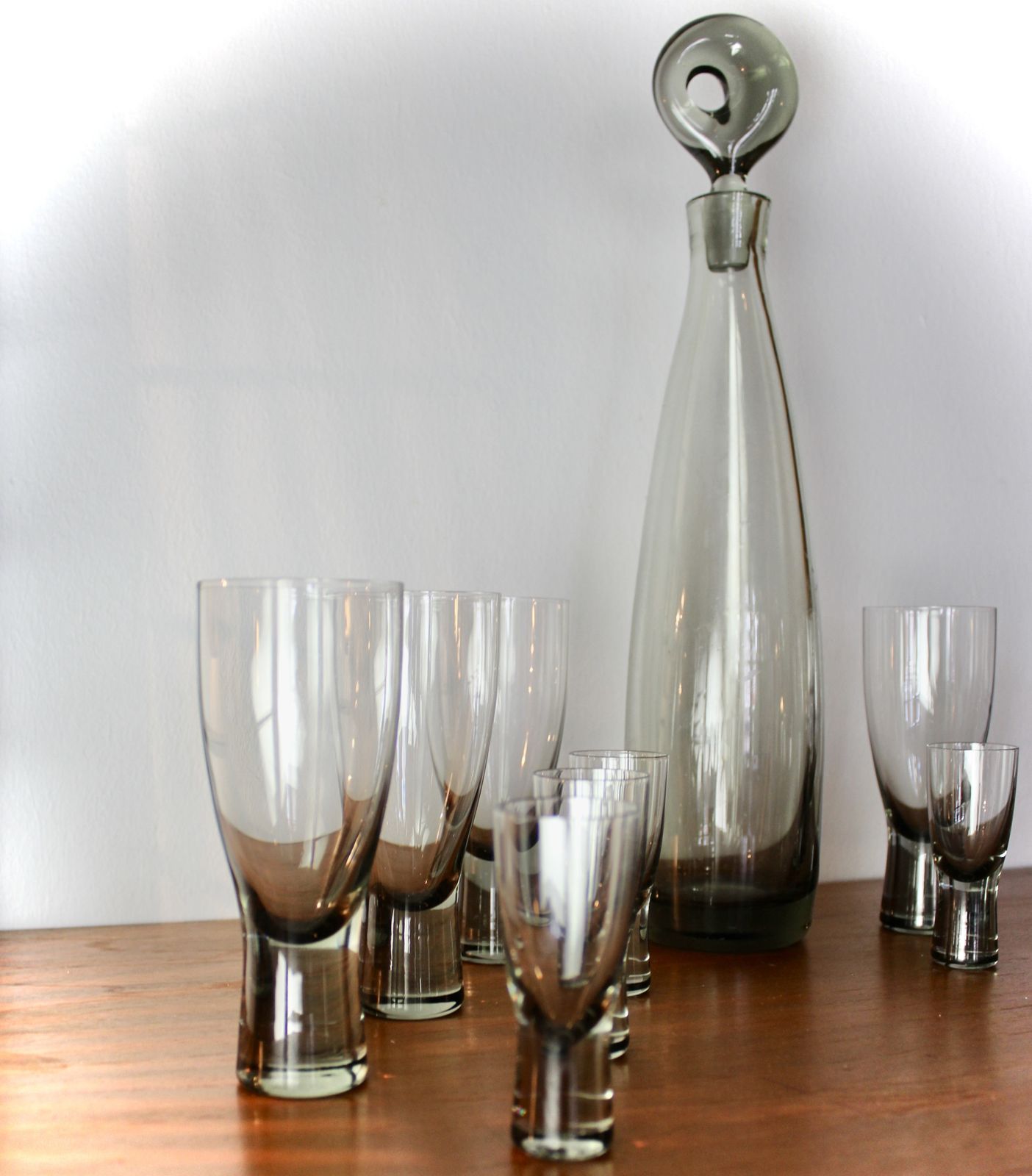 Per Lutken Smoky Grey Glass Aristocrat Decanter And Twelve Glasses photo for sale