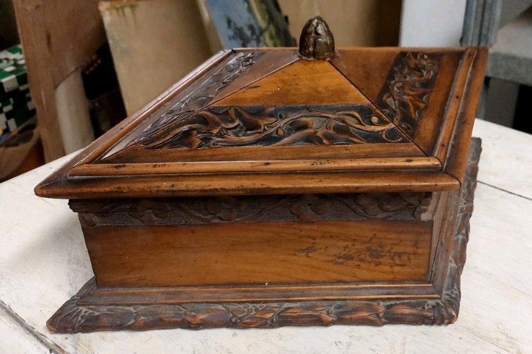 Antique Rhomboidal Carved Wood Cilegio Box 19th Century Italy photo furniture