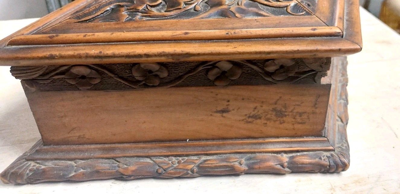 Antique Rhomboidal Carved Wood Cilegio Box 19th Century Italy photo vintage