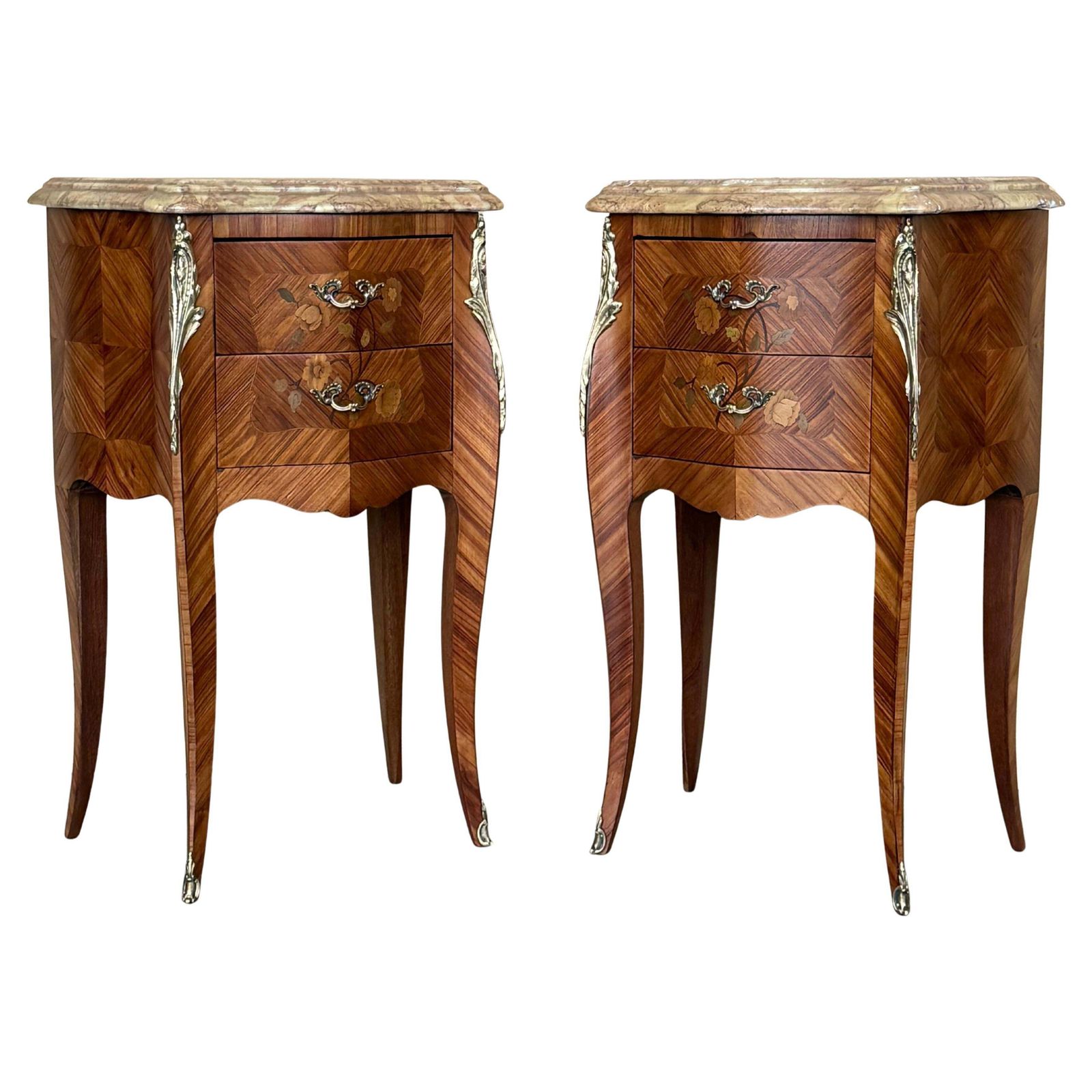 Pair Antique French Louis XV Marquetry Marble Top Nightstands With Two Drawers