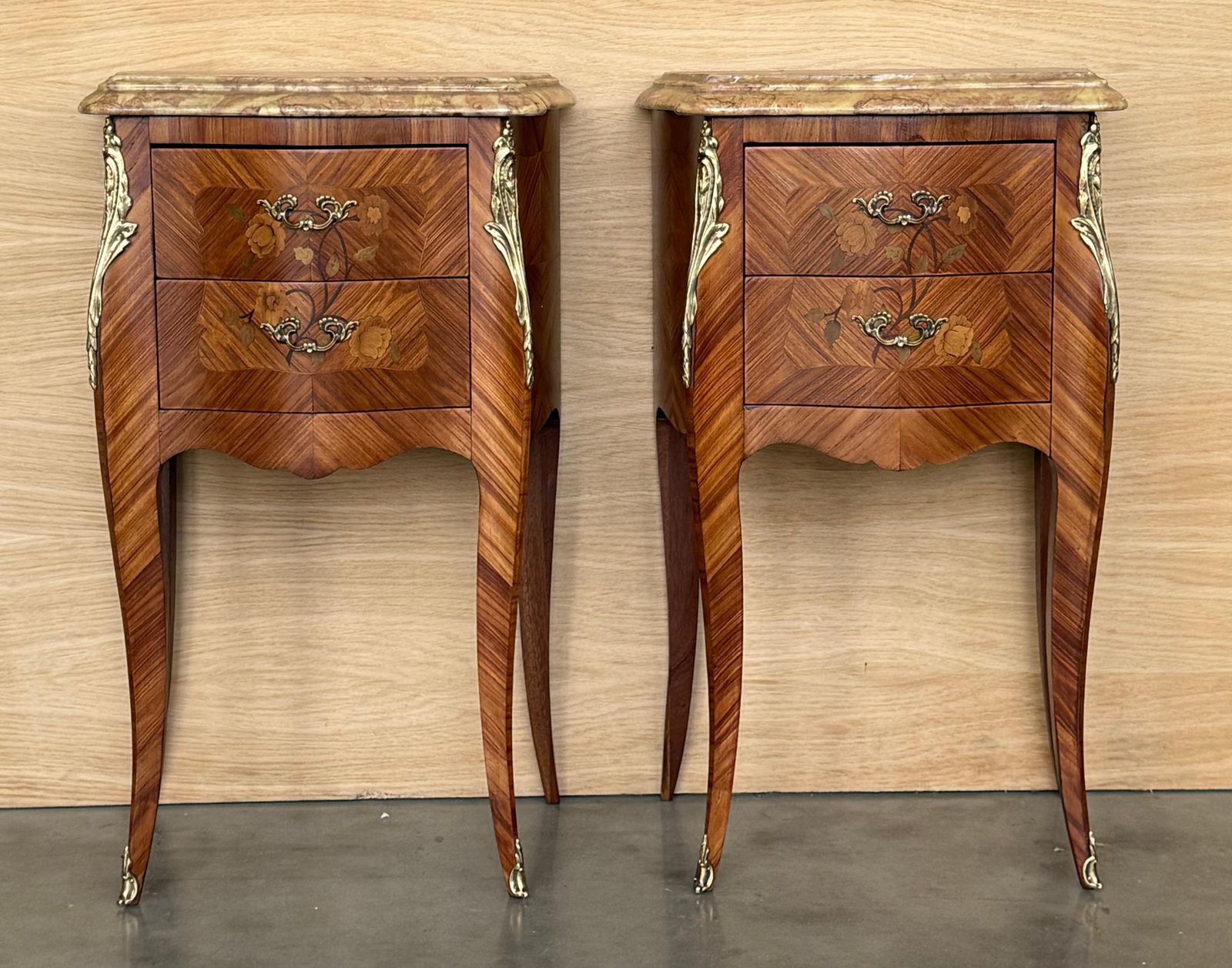 Pair Antique French Louis XV Marquetry Marble Top Nightstands With Two Drawers photo furniture