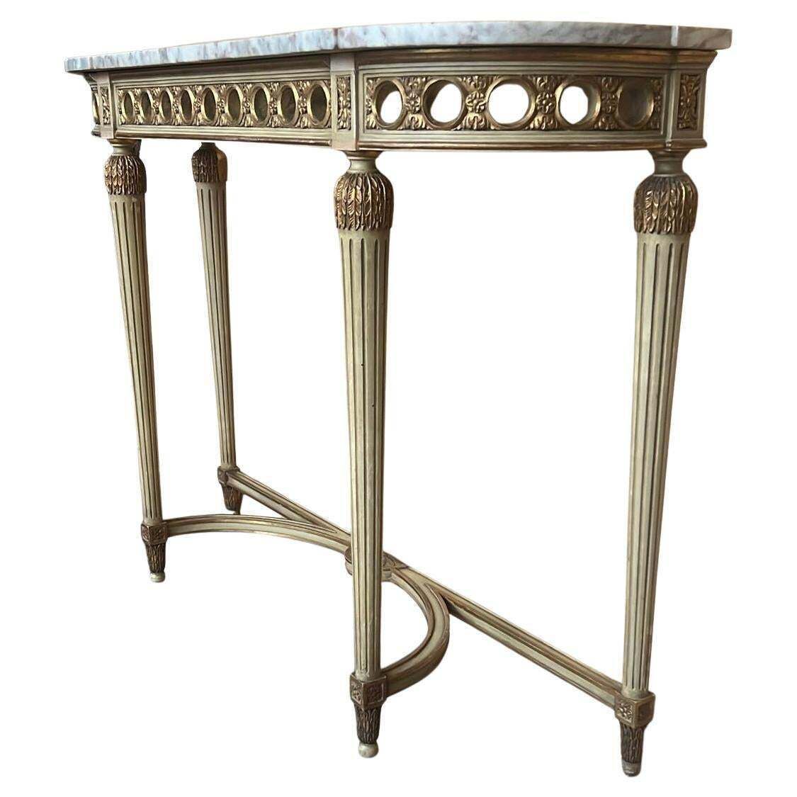 Console demi-lune de style Louis XVI peinte, plateau en marbre, XIXe siècle