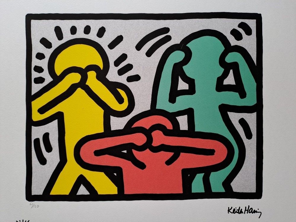 Keith Haring Signed Pop Art Figures + Tree Of Life + Look! photo vintage