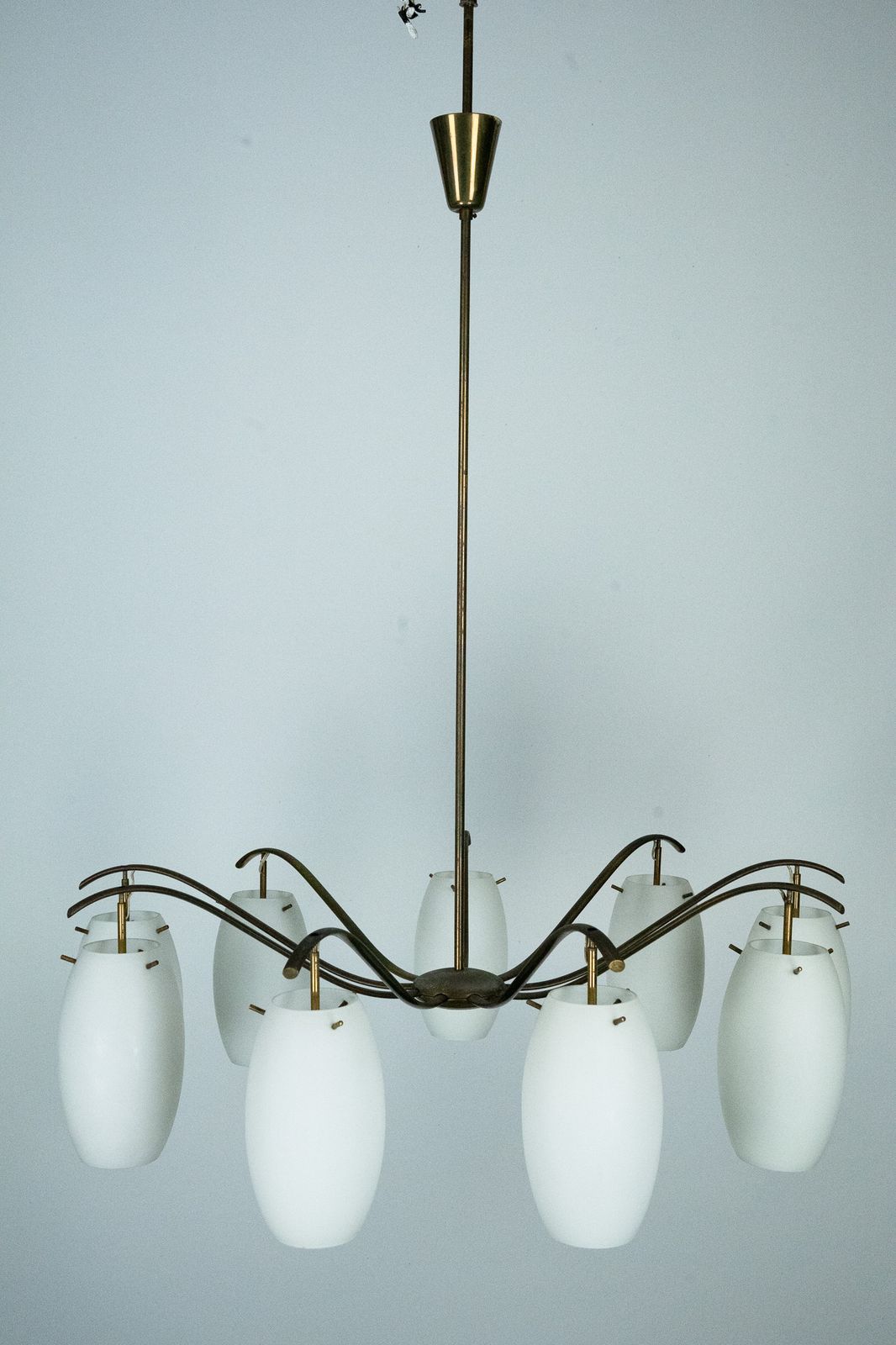 Rare Arredoluce Monza, 9 Light Brass And Opaline Glass Chandelier, Italy 1950s photo for sale
