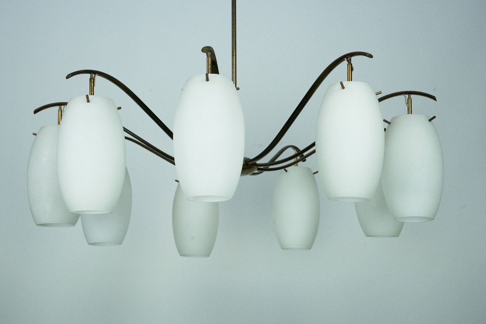 Rare Arredoluce Monza, 9 Light Brass And Opaline Glass Chandelier, Italy 1950s photo vintage