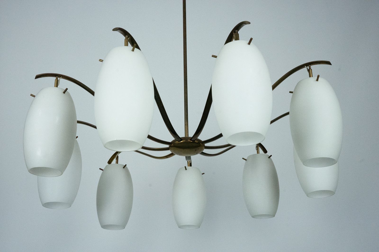 Lighting Rare Arredoluce Monza, 9 Light Brass And Opaline Glass Chandelier, Italy 1950s photo