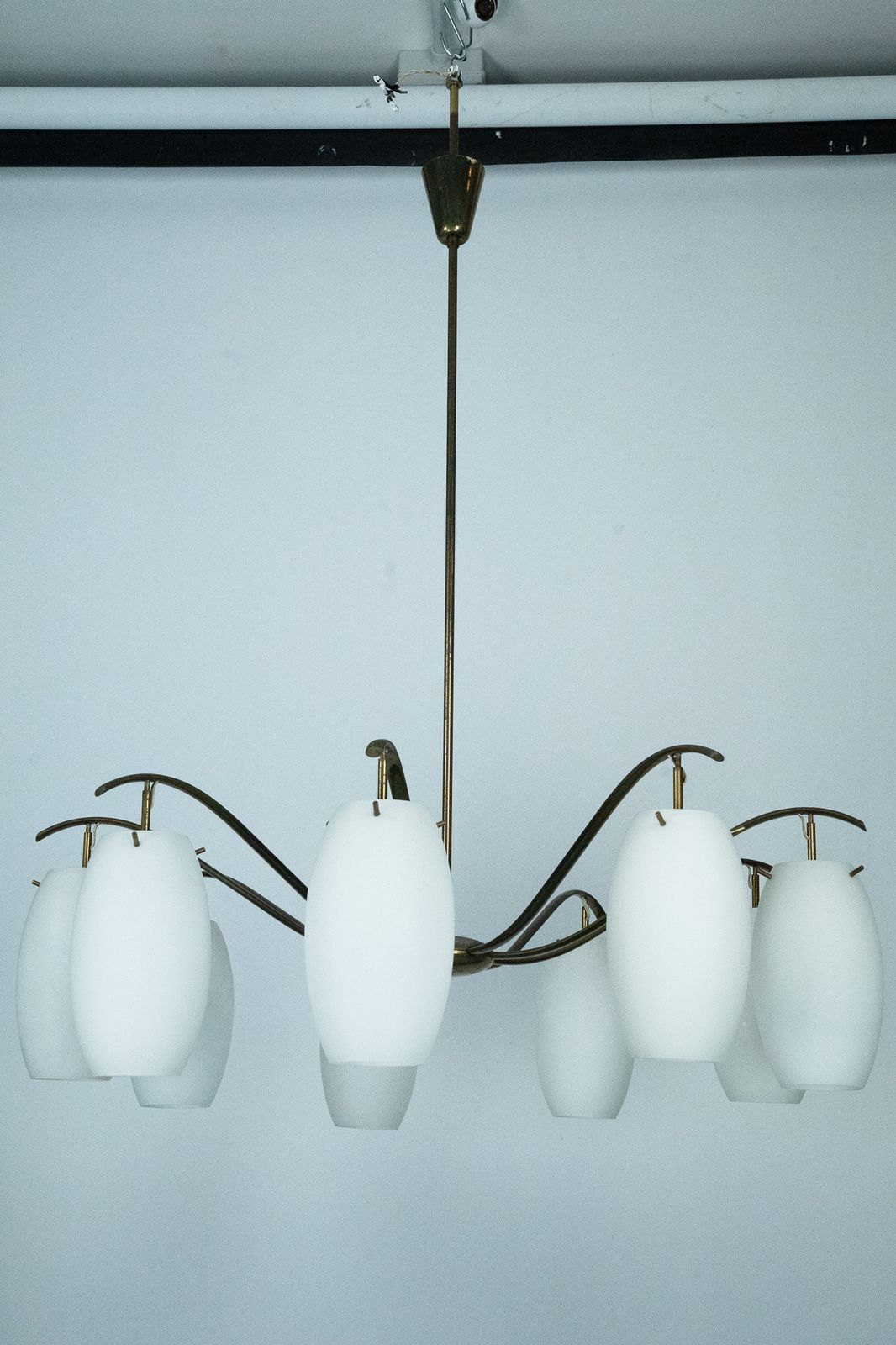 16250.0 Rare Arredoluce Monza, 9 Light Brass And Opaline Glass Chandelier, Italy 1950s photo