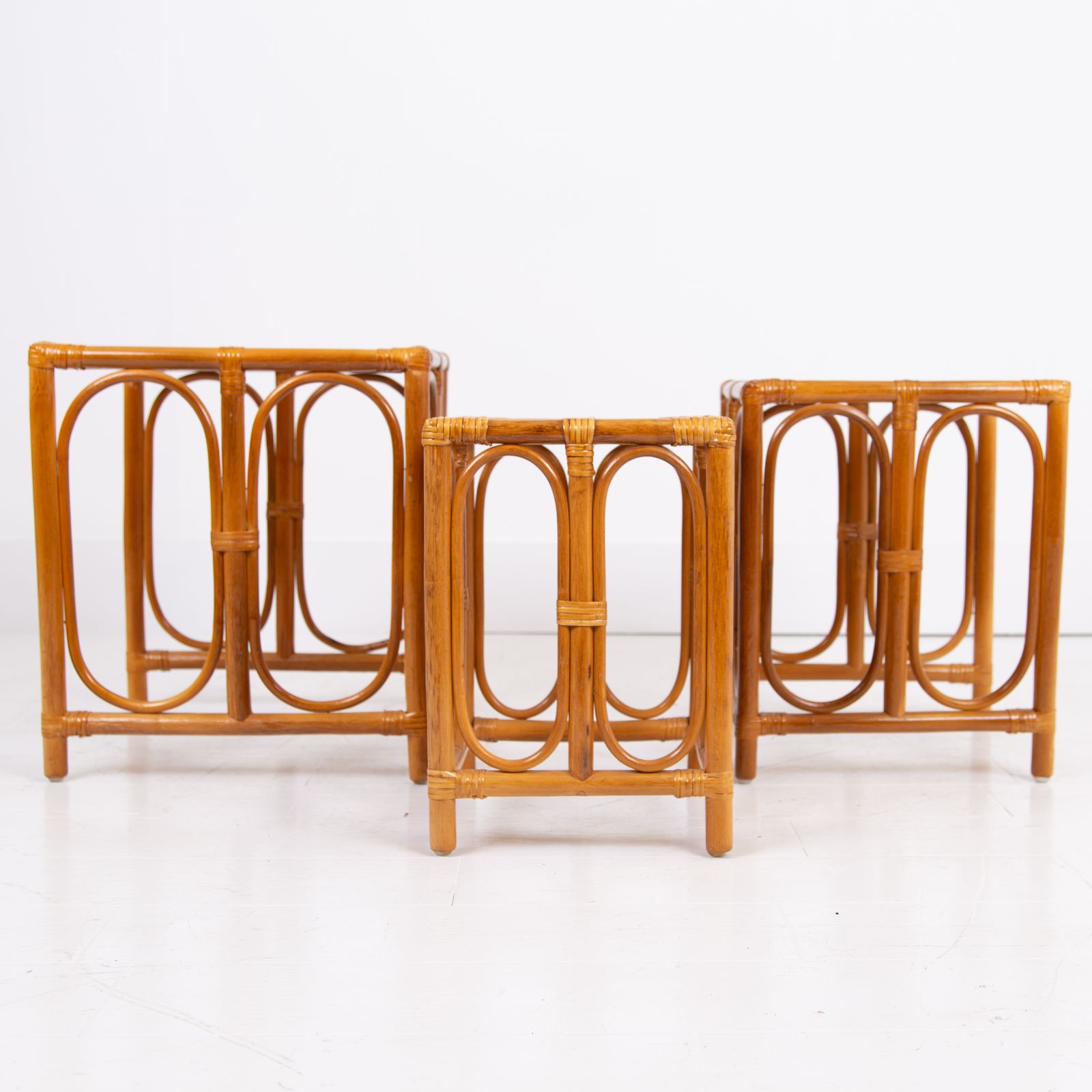 385.0 Nest Of 3 Mid Century Bamboo Side Tables photo