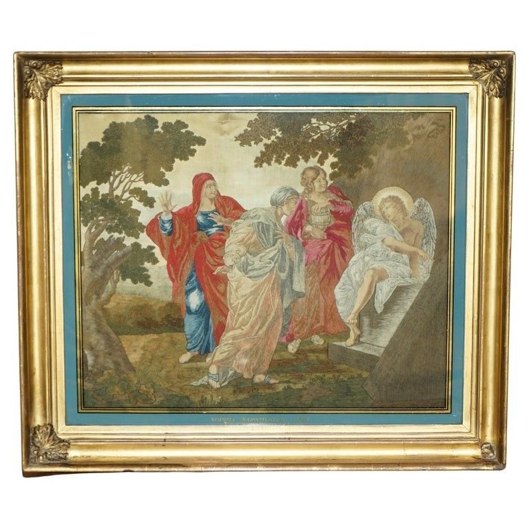 Fine 1860 Silk Embroidery Of Annibale Carracci 1598 The Three Marys At The Tomb