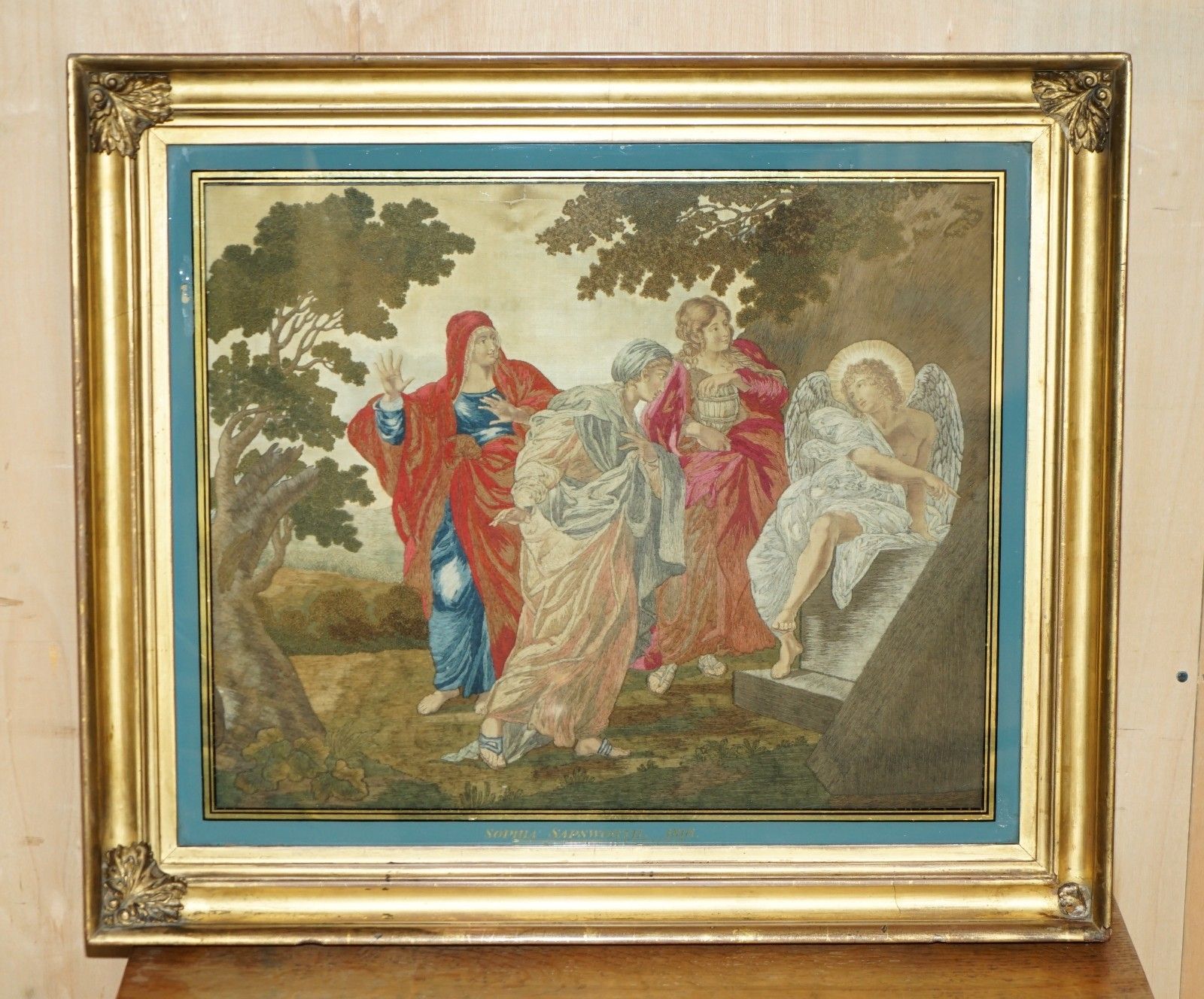 Fine 1860 Silk Embroidery Of Annibale Carracci 1598 The Three Marys At The Tomb photo furniture