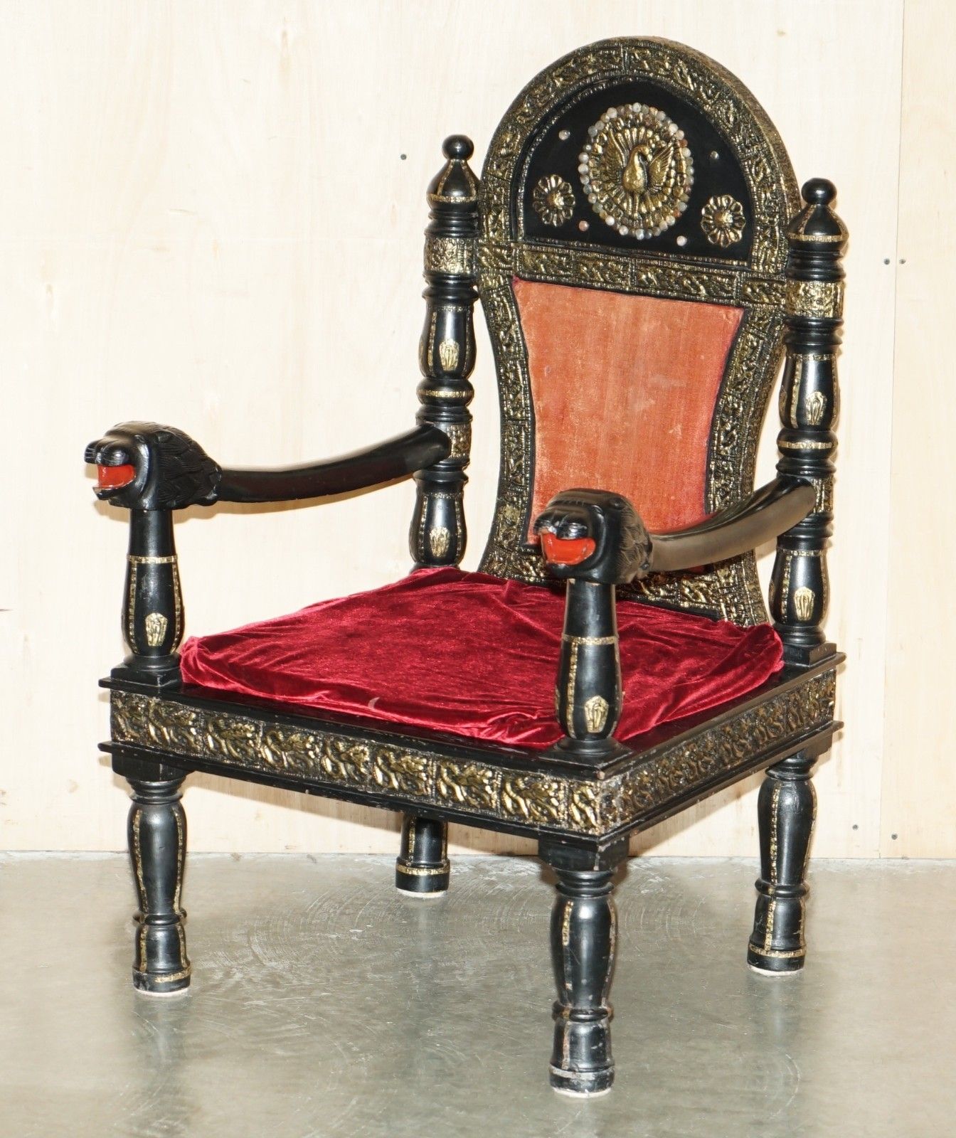 Vintage Repouse Metal Indian Circa 1950's Ebonised Panther Head Armchair photo furniture