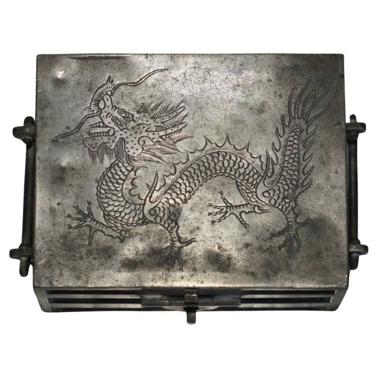 Antique Circa 1920 Chinese Kut Hing Pewter & Wood Carved Dragon Jewellery Box