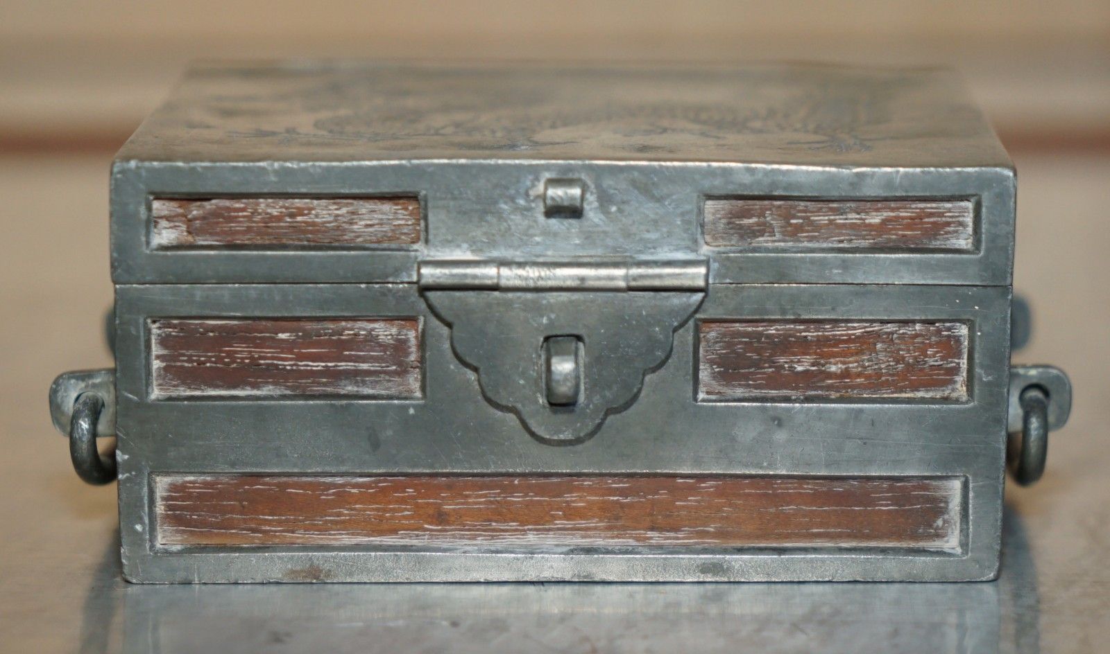 Antique Circa 1920 Chinese Kut Hing Pewter & Wood Carved Dragon Jewellery Box photo buy