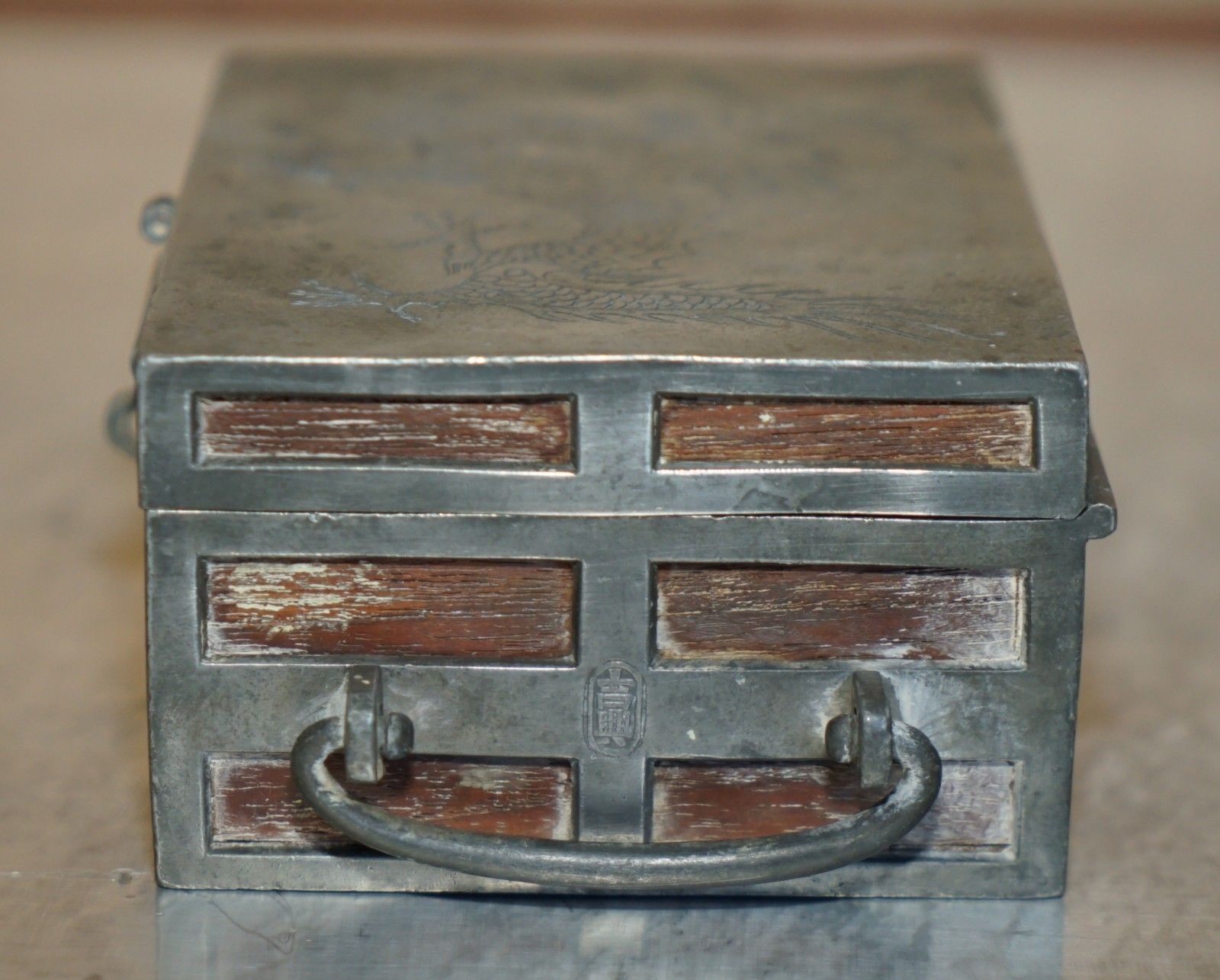 Home Decor Antique Circa 1920 Chinese Kut Hing Pewter & Wood Carved Dragon Jewellery Box photo