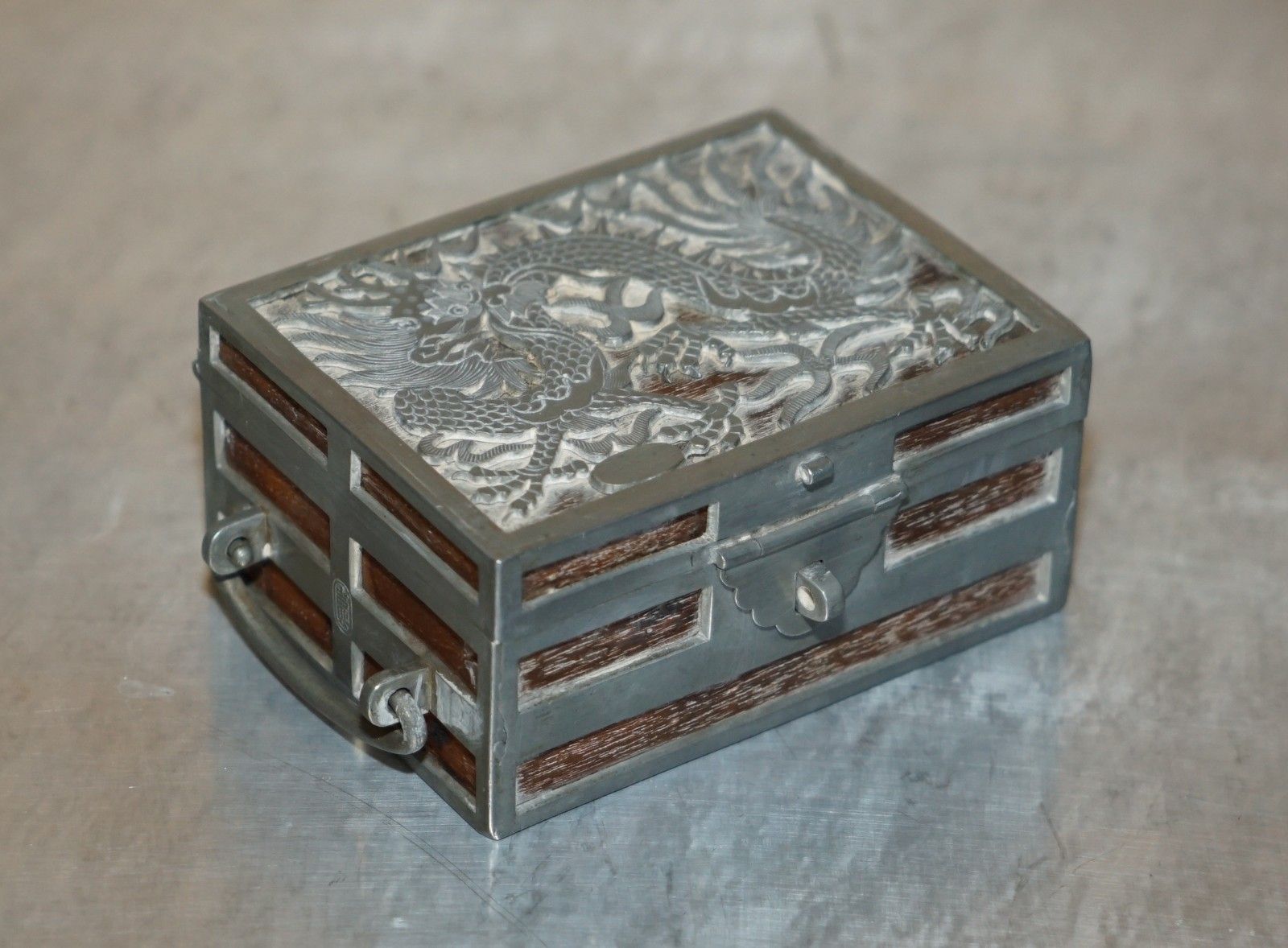 Antique Circa 1900 Chinese Kut Hing Pewter & Wood Carved Dragon Jewellery Box photo furniture