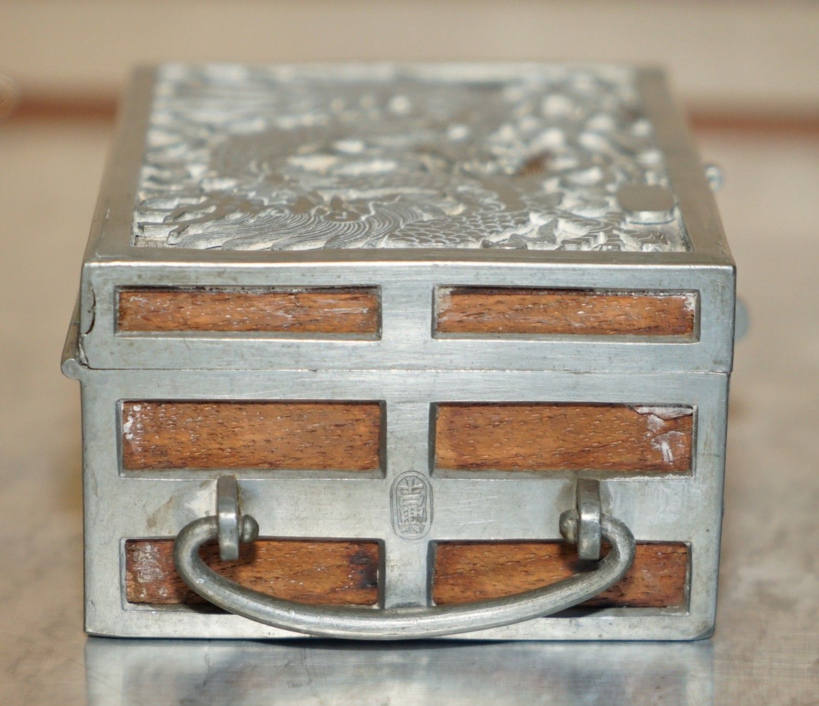 Antique Circa 1900 Chinese Kut Hing Pewter & Wood Carved Dragon Jewellery Box photo vintage