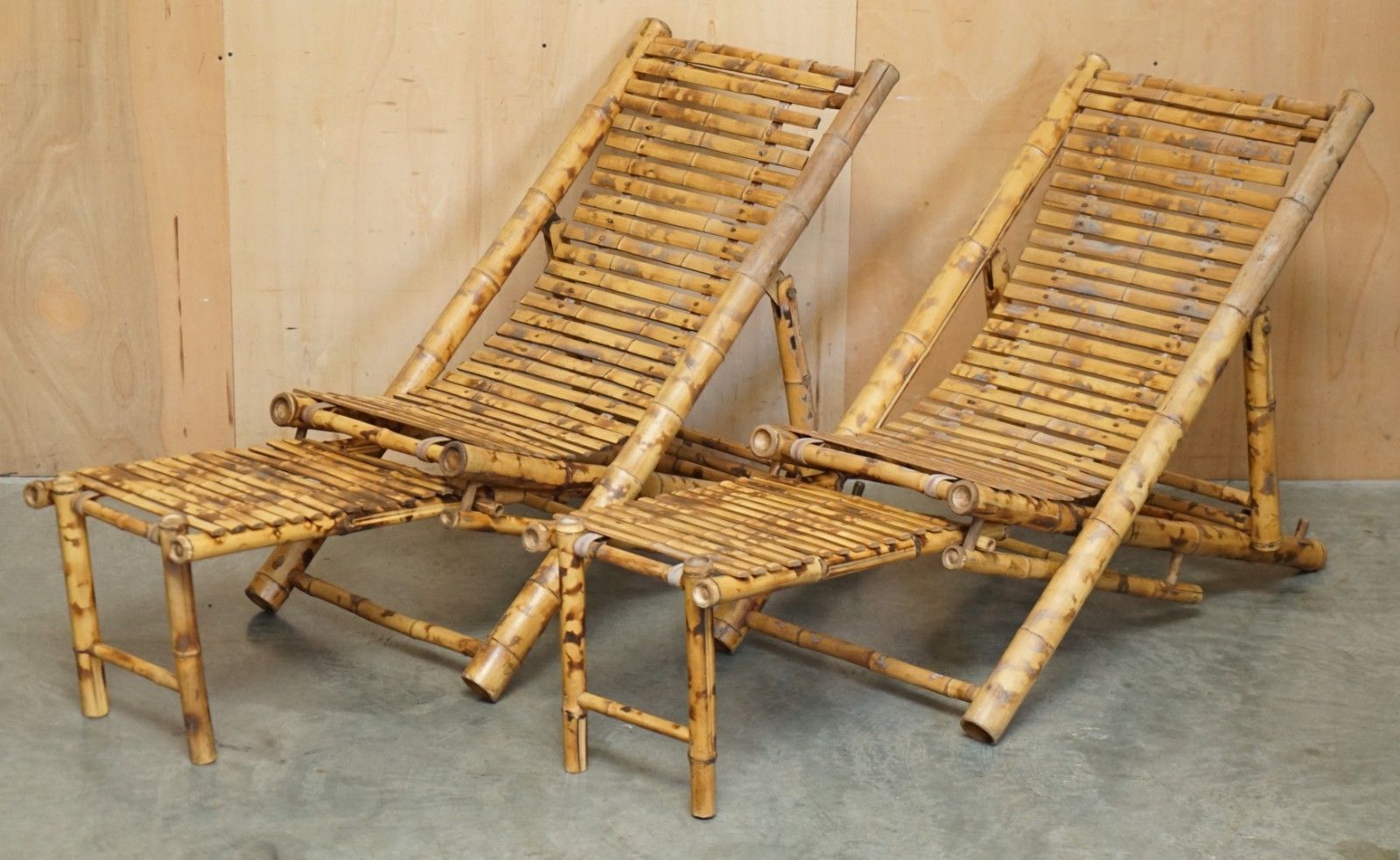 Pair Of Mid Century Modern Cir 1950 Bamboo Reclining Sling Armchairs & Footstool photo furniture