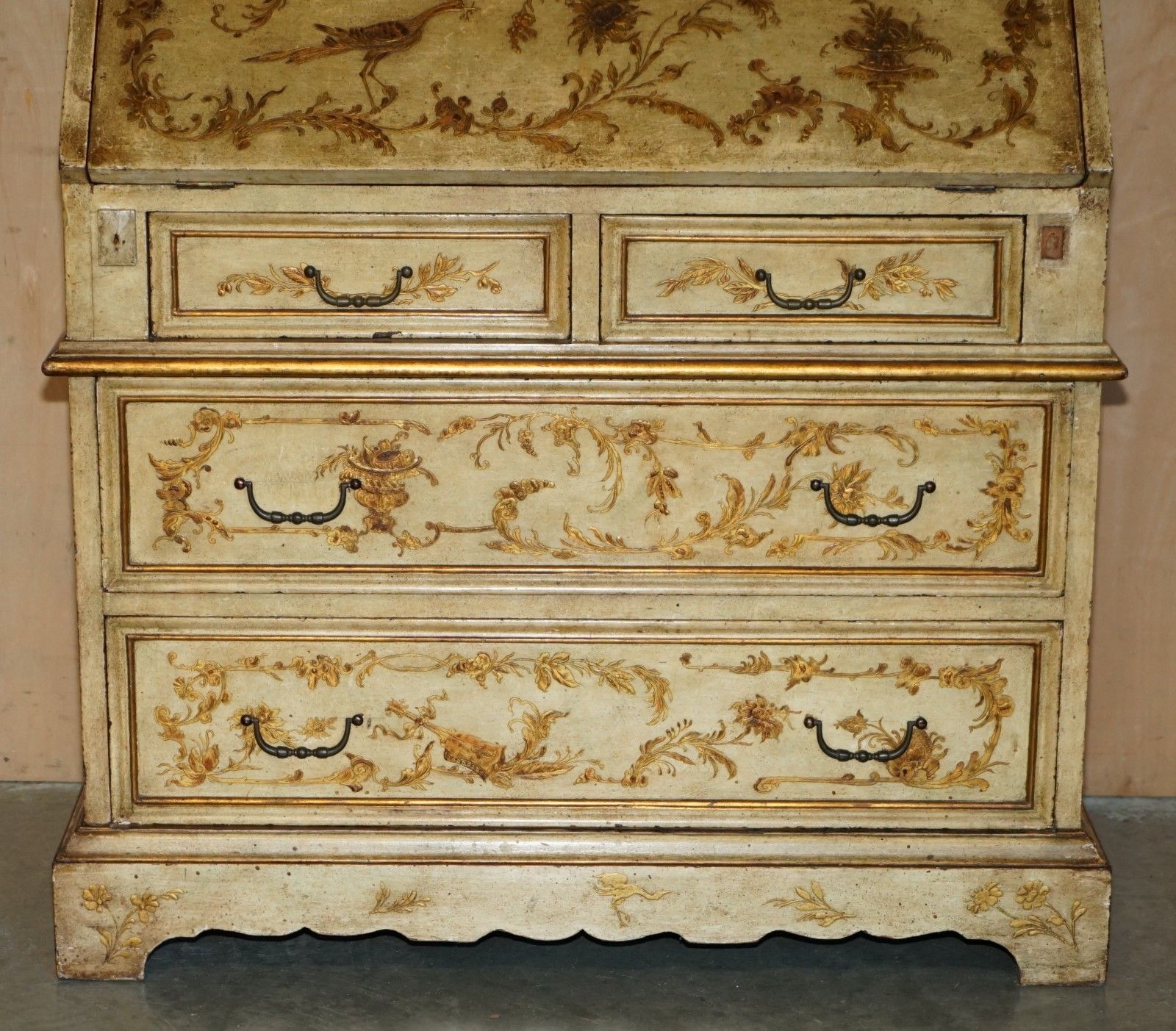 Circa 1900 Venetian Chinoiserie Decorated Parcel Gilt Bureau Bookcase Drawers photo vinterior