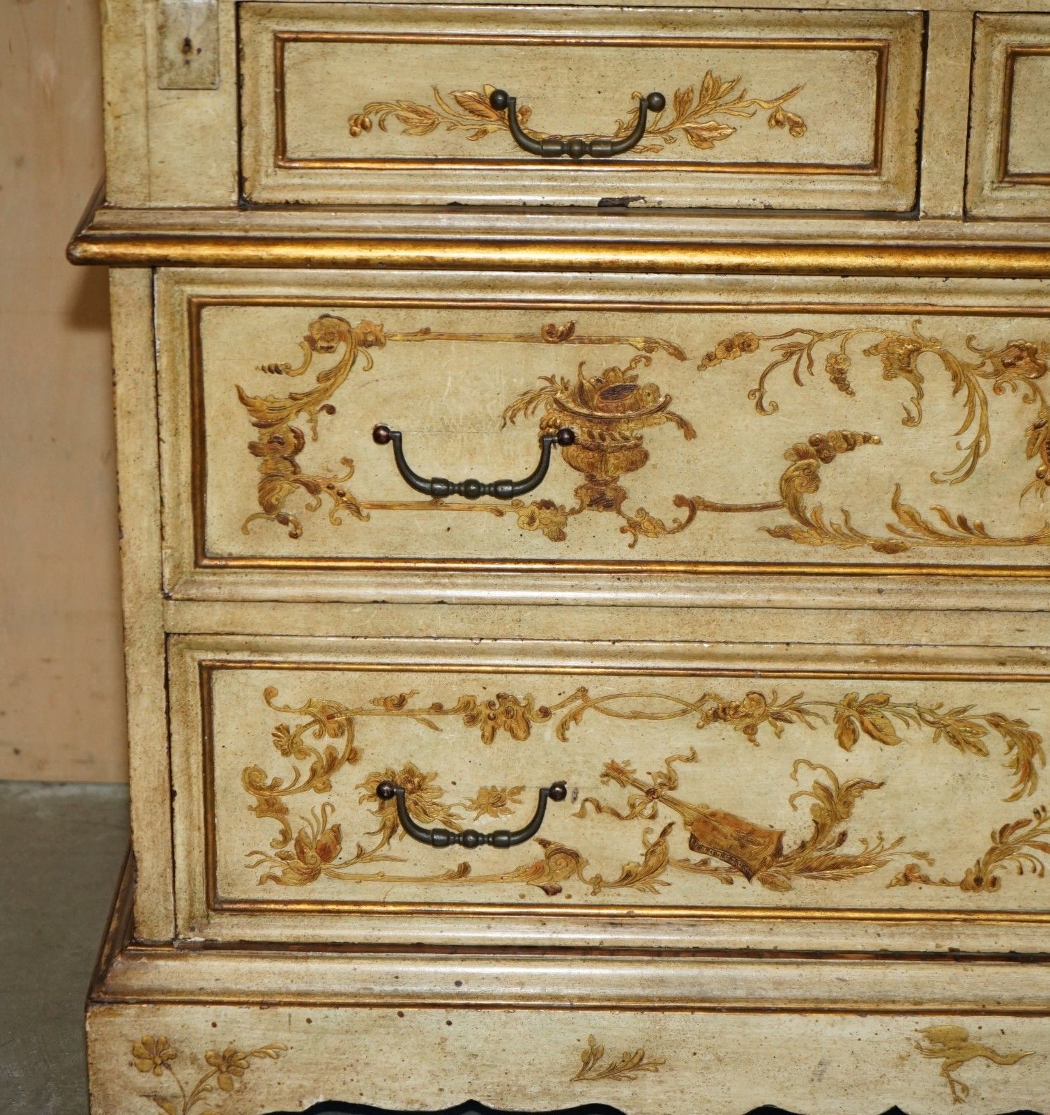Circa 1900 Venetian Chinoiserie Decorated Parcel Gilt Bureau Bookcase Drawers photo buy