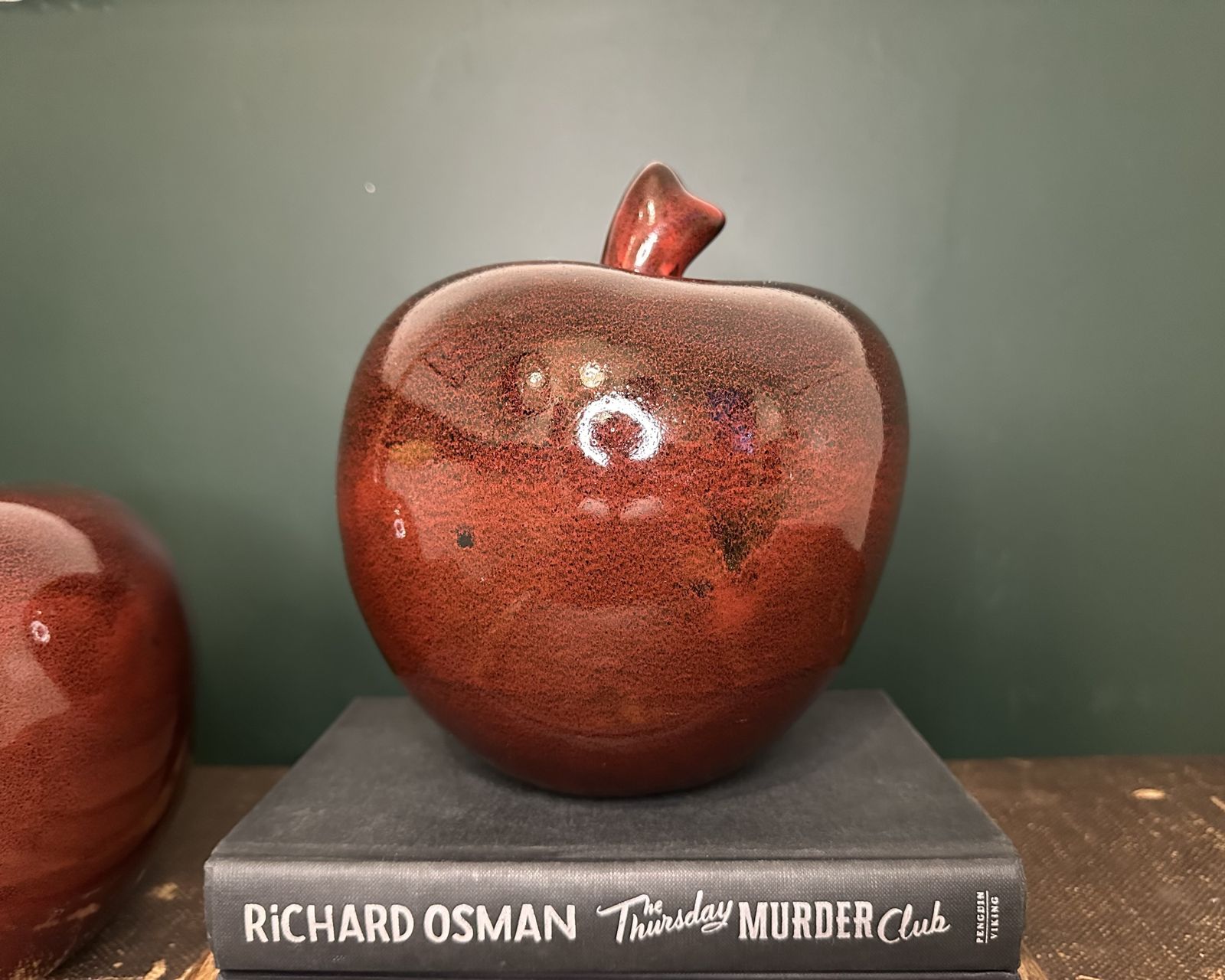 Heavy Vintage Ceramic Apple Bookends Red Glaze Mid Century photo furniture
