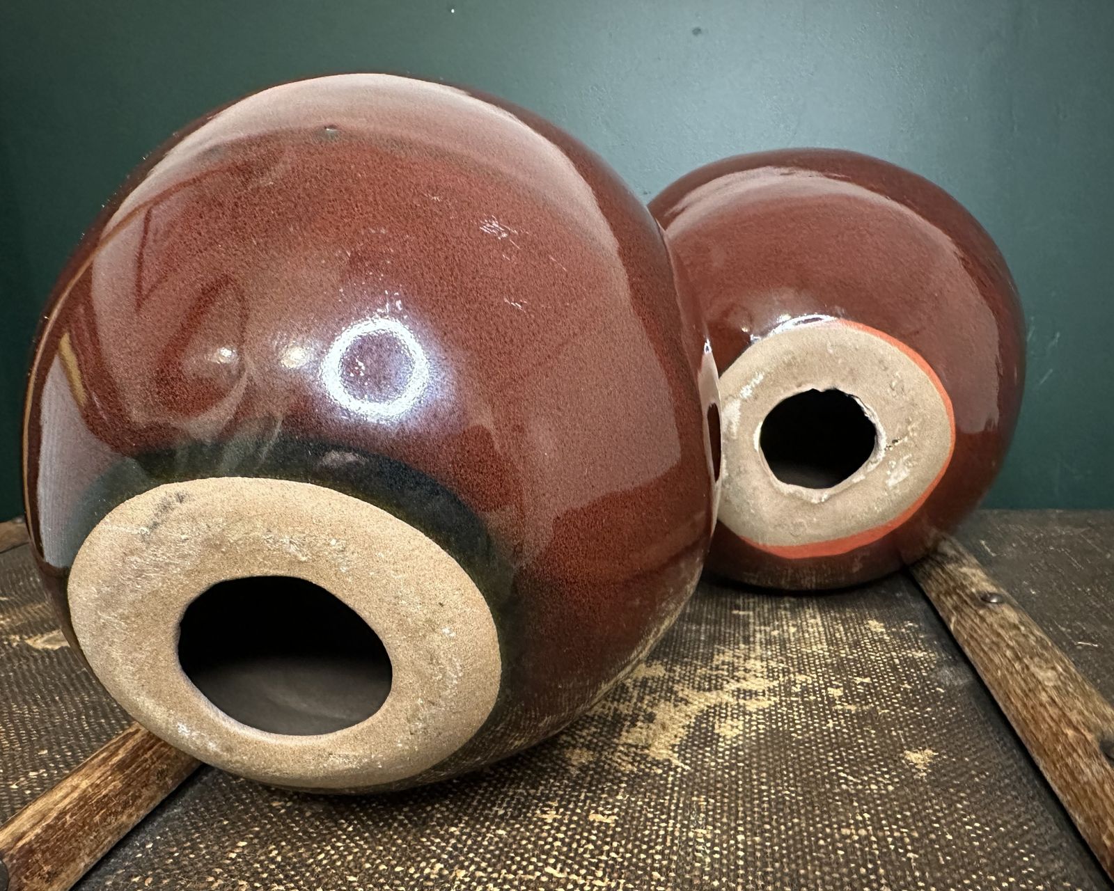 Heavy Vintage Ceramic Apple Bookends Red Glaze Mid Century photo for sale
