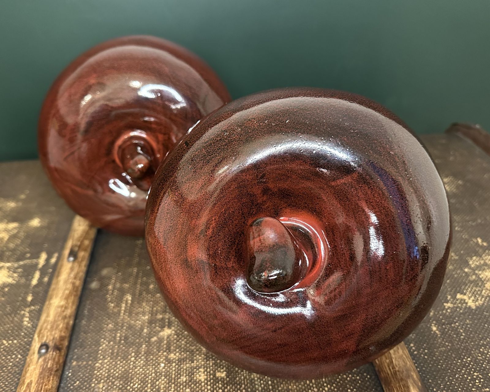 Heavy Vintage Ceramic Apple Bookends Red Glaze Mid Century photo Art