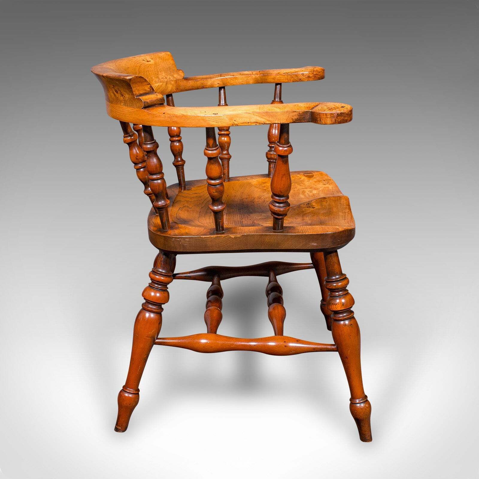 Vintage Smoker’s Bow Chair, English Ash, Captain’s Elbow Seat, Victorian Revival photo for sale