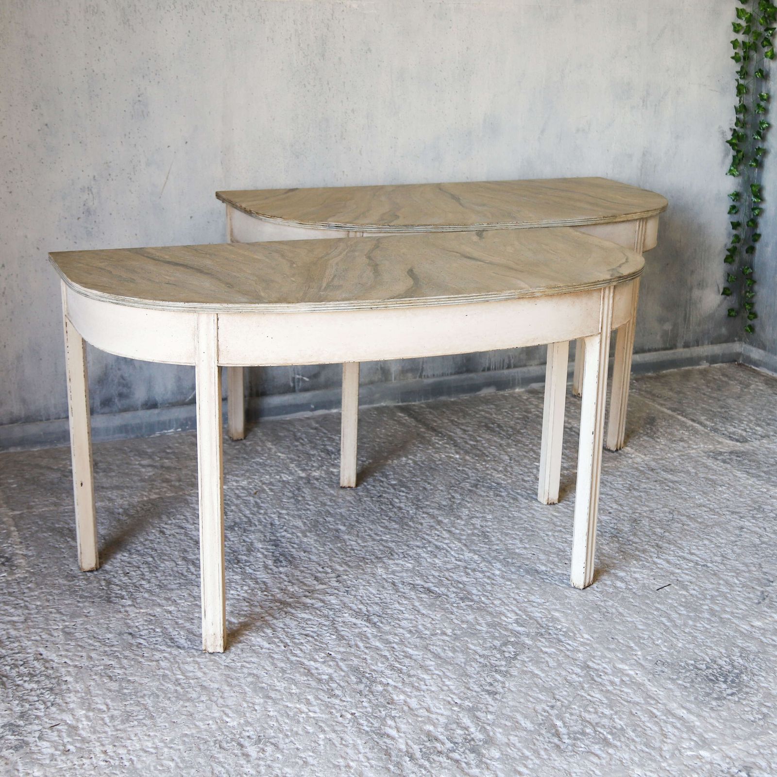 Pair Of Georgian Demi Lune Console Tables   Hand Painted Faux Marble Tops Marlborough Legs photo for sale