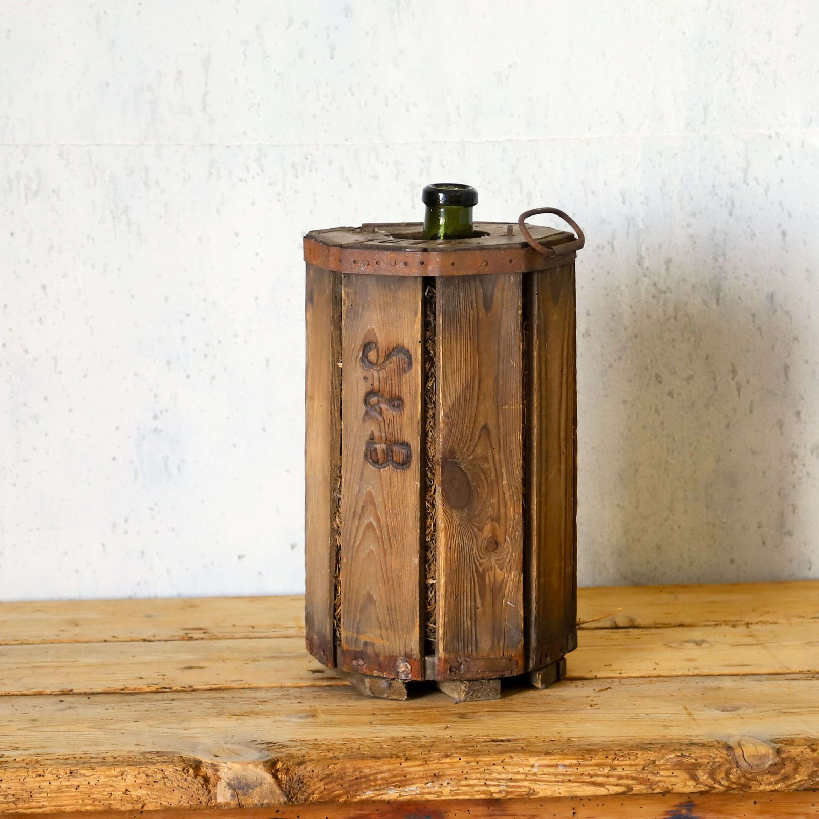 Rustic Early 20th Century French Vineyard Glass Decanter   Original Wooden Casing photo vintage