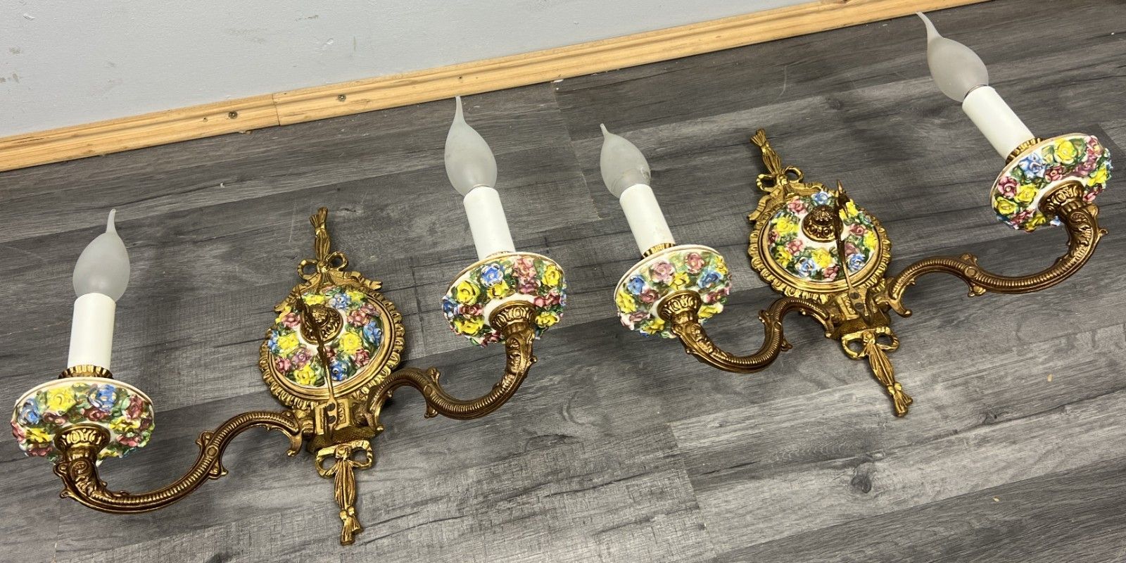 Pair Of Wall Lights Vintage Spanish Porcelain Brass Floral Sconces Lot 4415 photo for sale