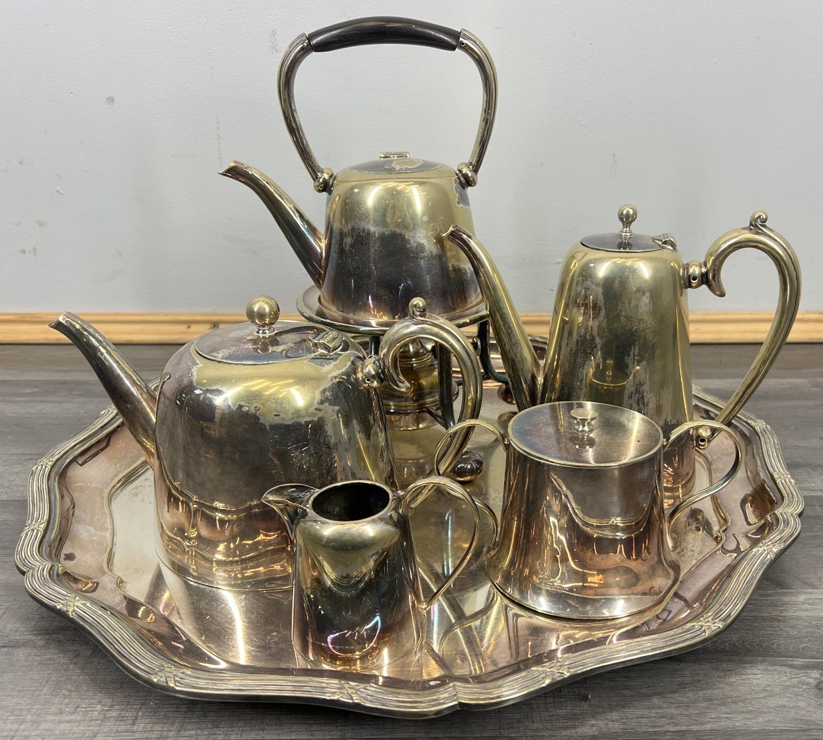 Vintage French Tea And Coffee Set Silver Plated 6 Piece With Tray Lot 4417