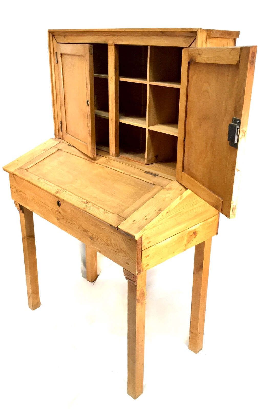 Antique French Pine Wooden Clerks Shop Desk / Storage Cabinet With Key C.1900