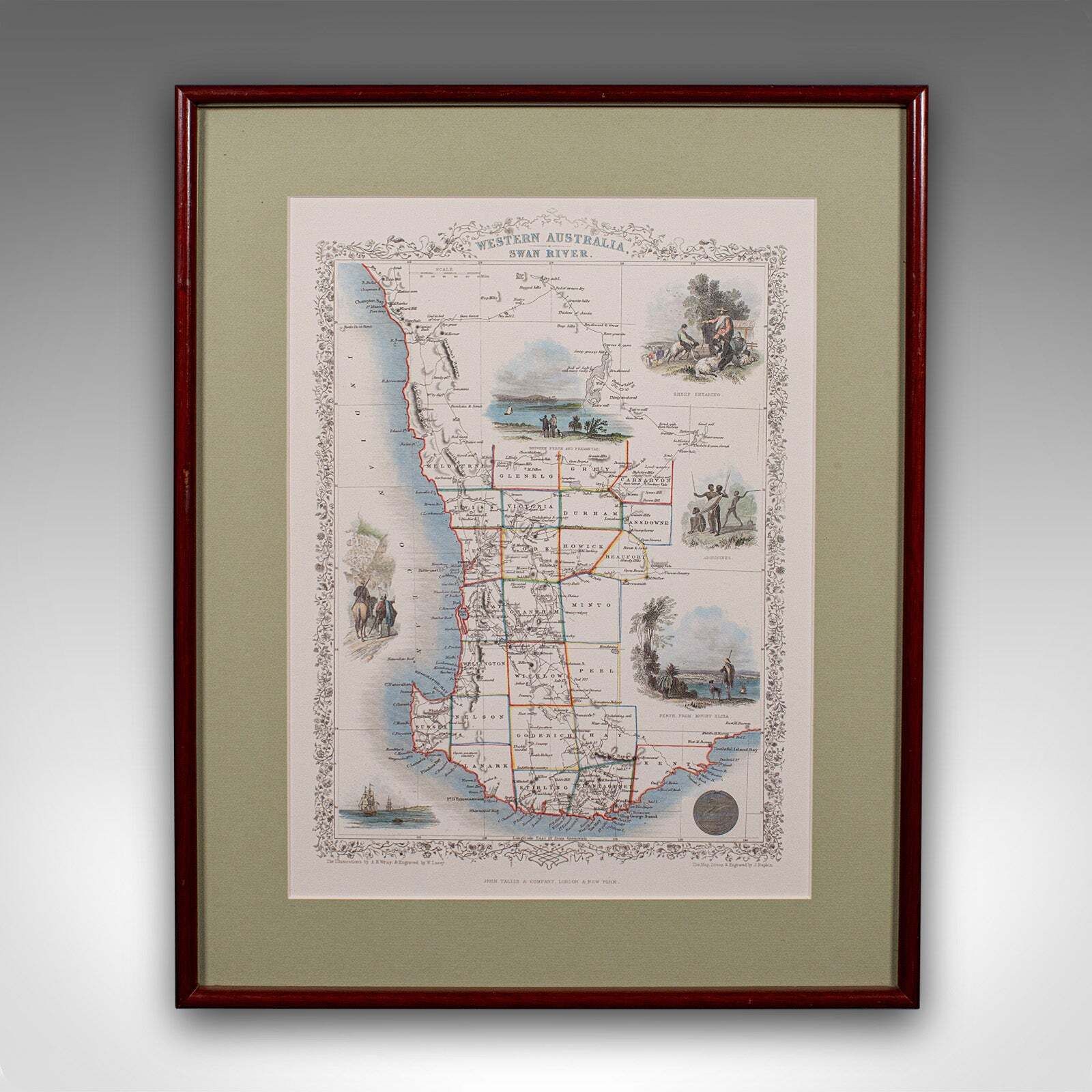Vintage Western Australia Map, Framed Print, Swan River, John Tallis Cartography photo furniture