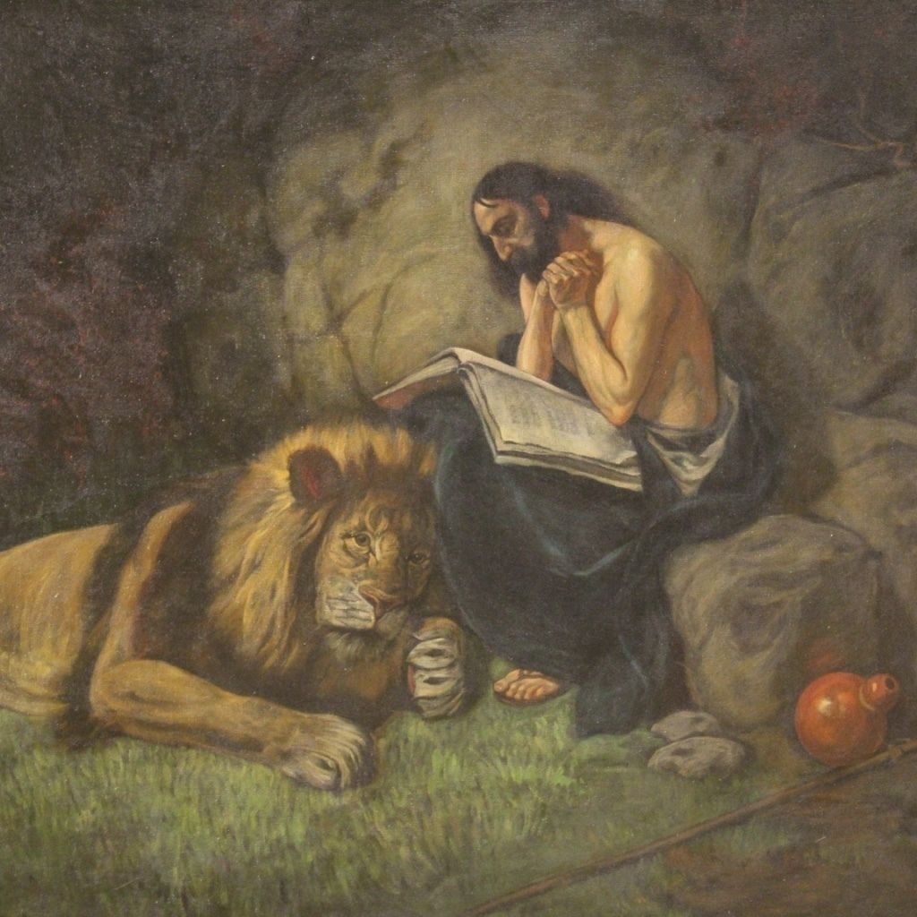 Art Italian Religious Painting Saint Jerome With Lion From 20th Century photo