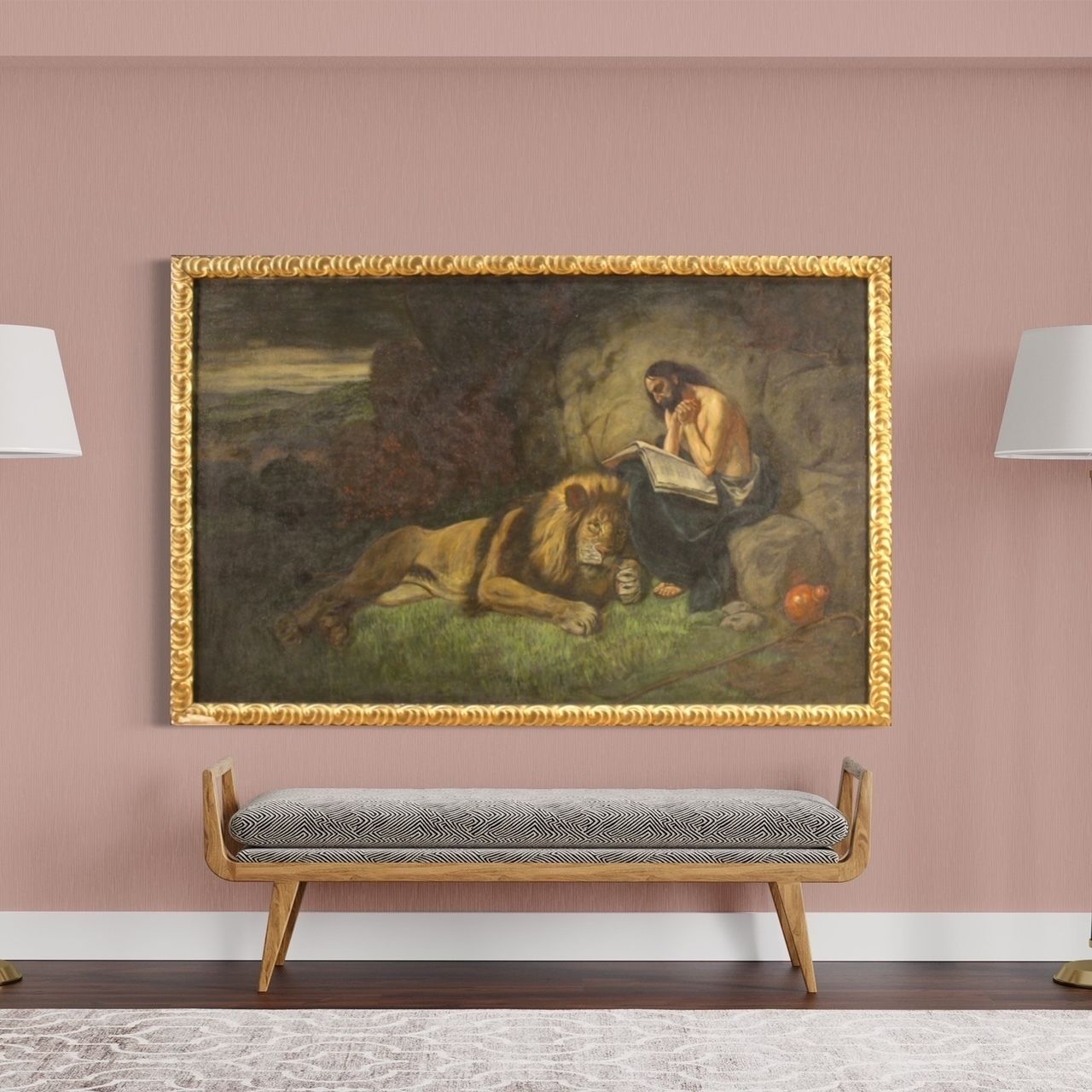 photo vintage Italian Religious Painting Saint Jerome With Lion From 20th Century