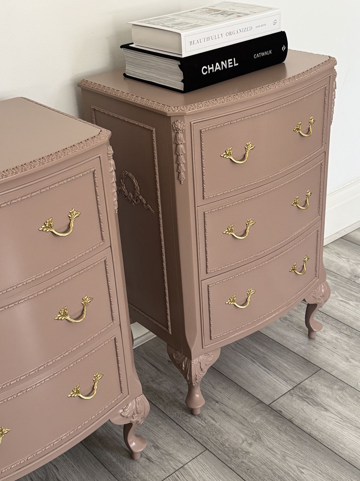 Olympus, French Bedside Cabinets, Bedside Tables, Chest Of Drawers Hand Painted In Damask, Dusty Pink photo for sale