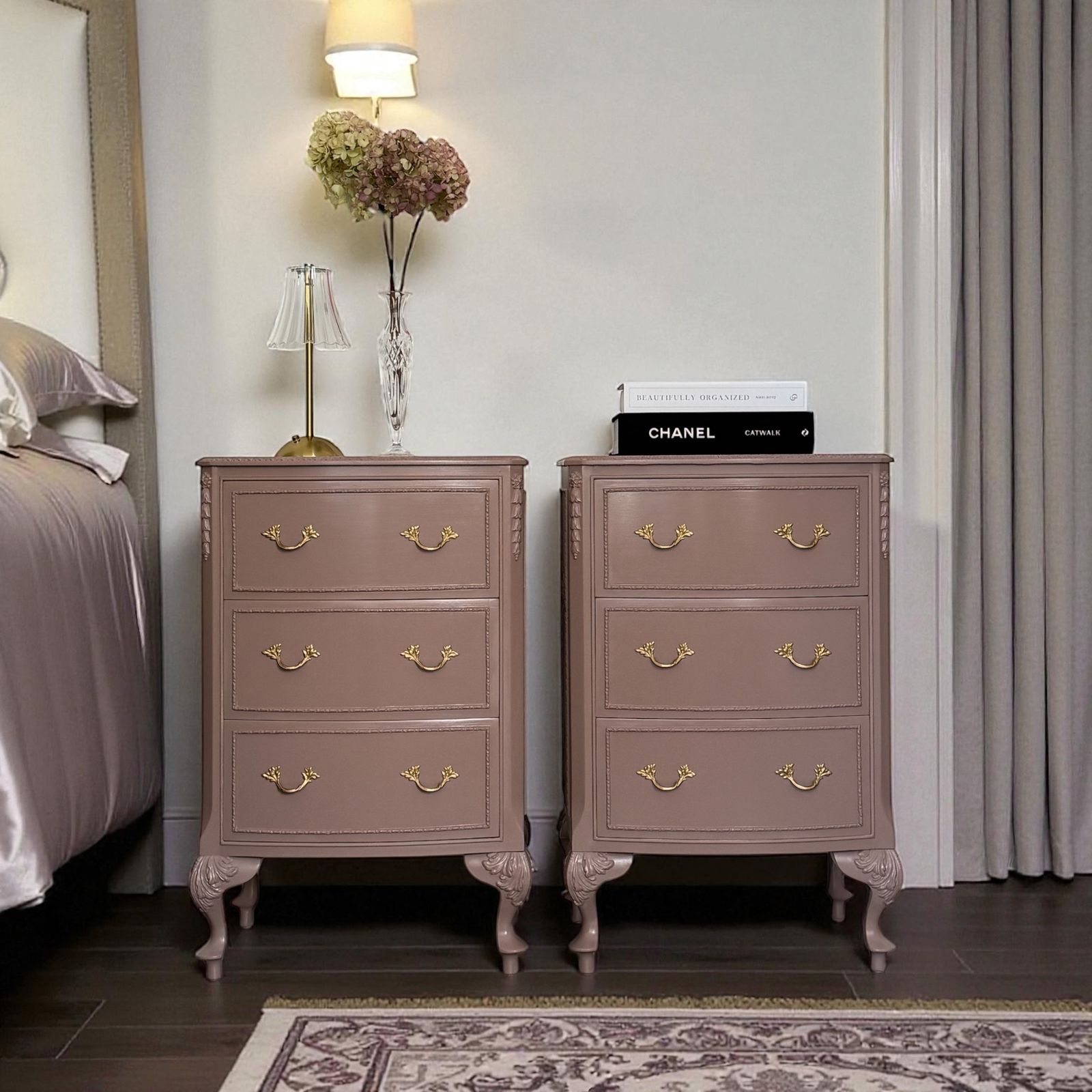 Olympus, French Bedside Cabinets, Bedside Tables, Chest Of Drawers Hand Painted In Damask, Dusty Pink photo vinterior