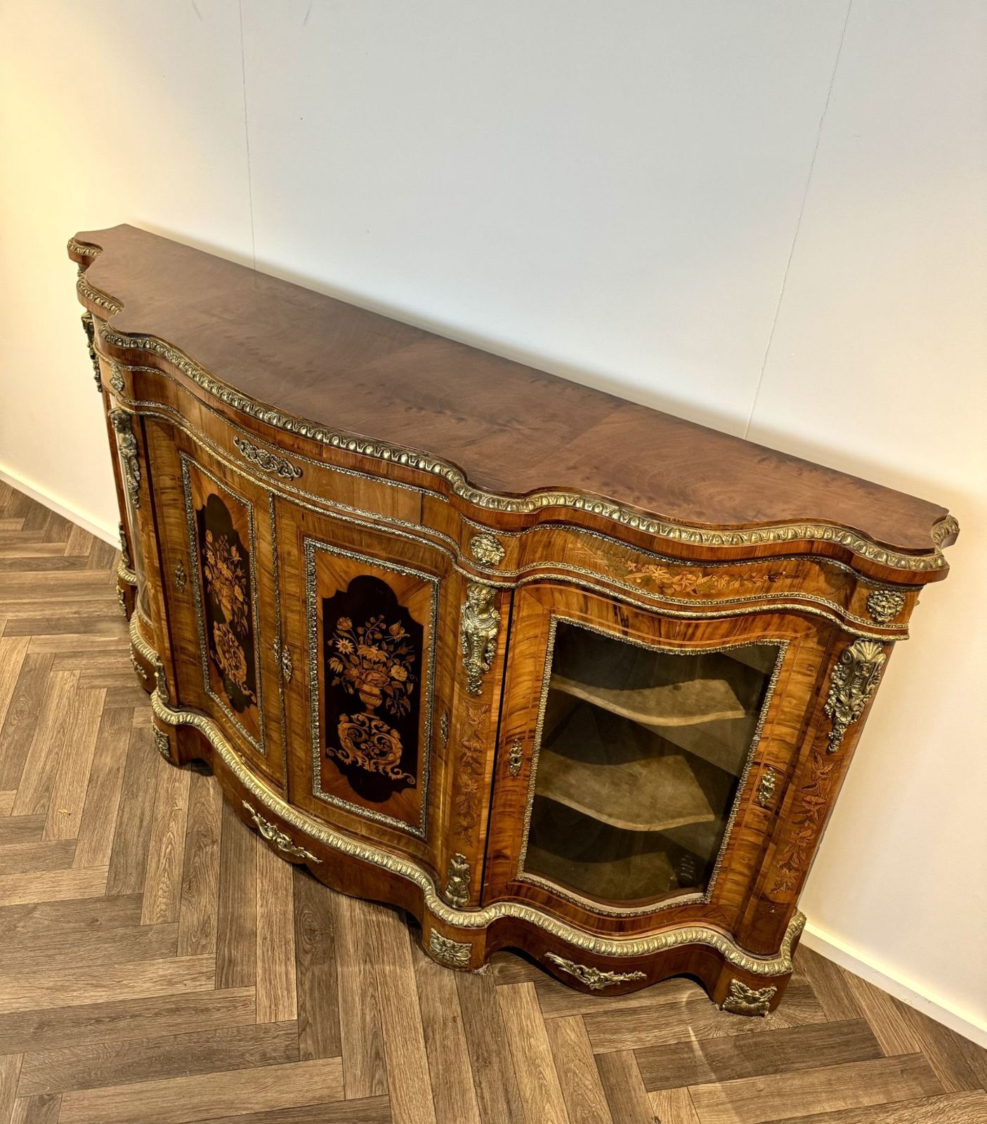 photo furniture Exceptional Quality Pair Of Antique Walnut Marquetry Inlaid Credenzas