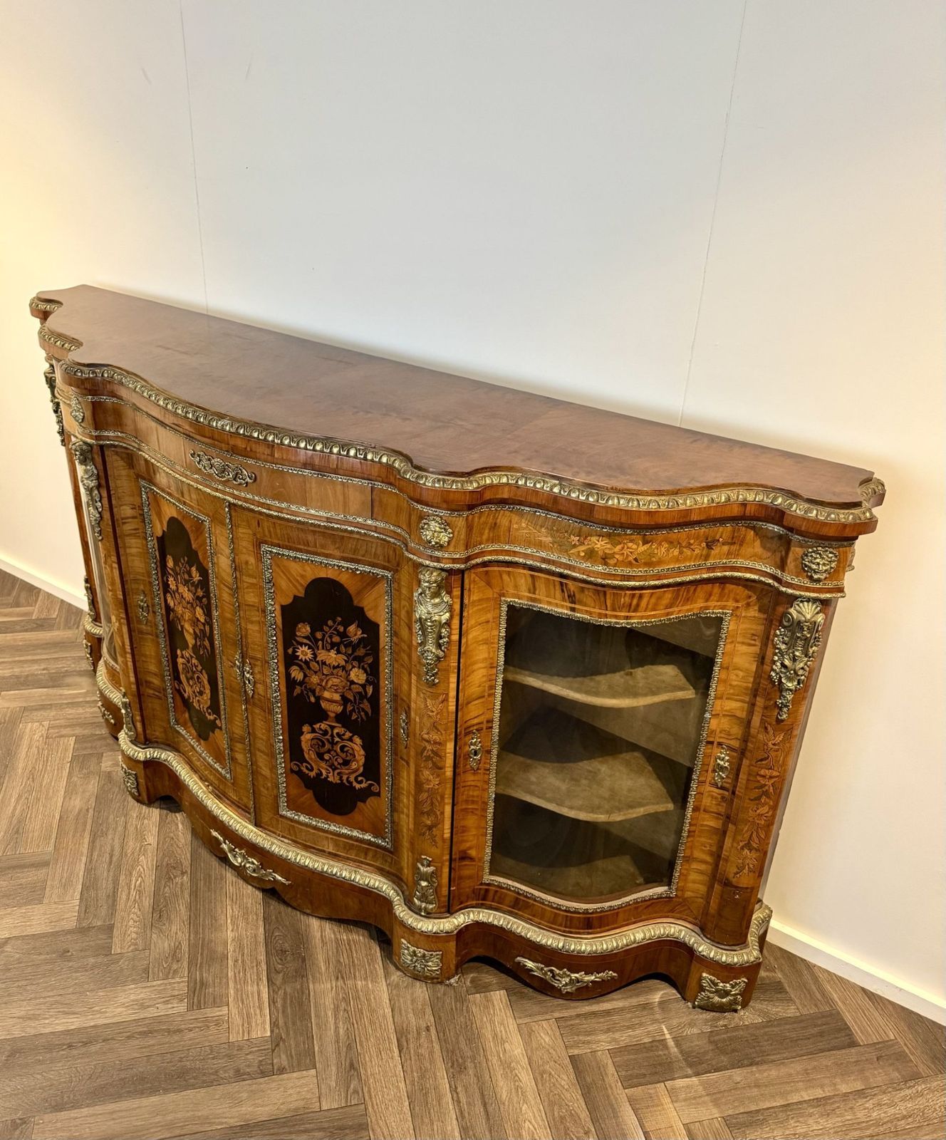 photo for sale Exceptional Quality Pair Of Antique Walnut Marquetry Inlaid Credenzas