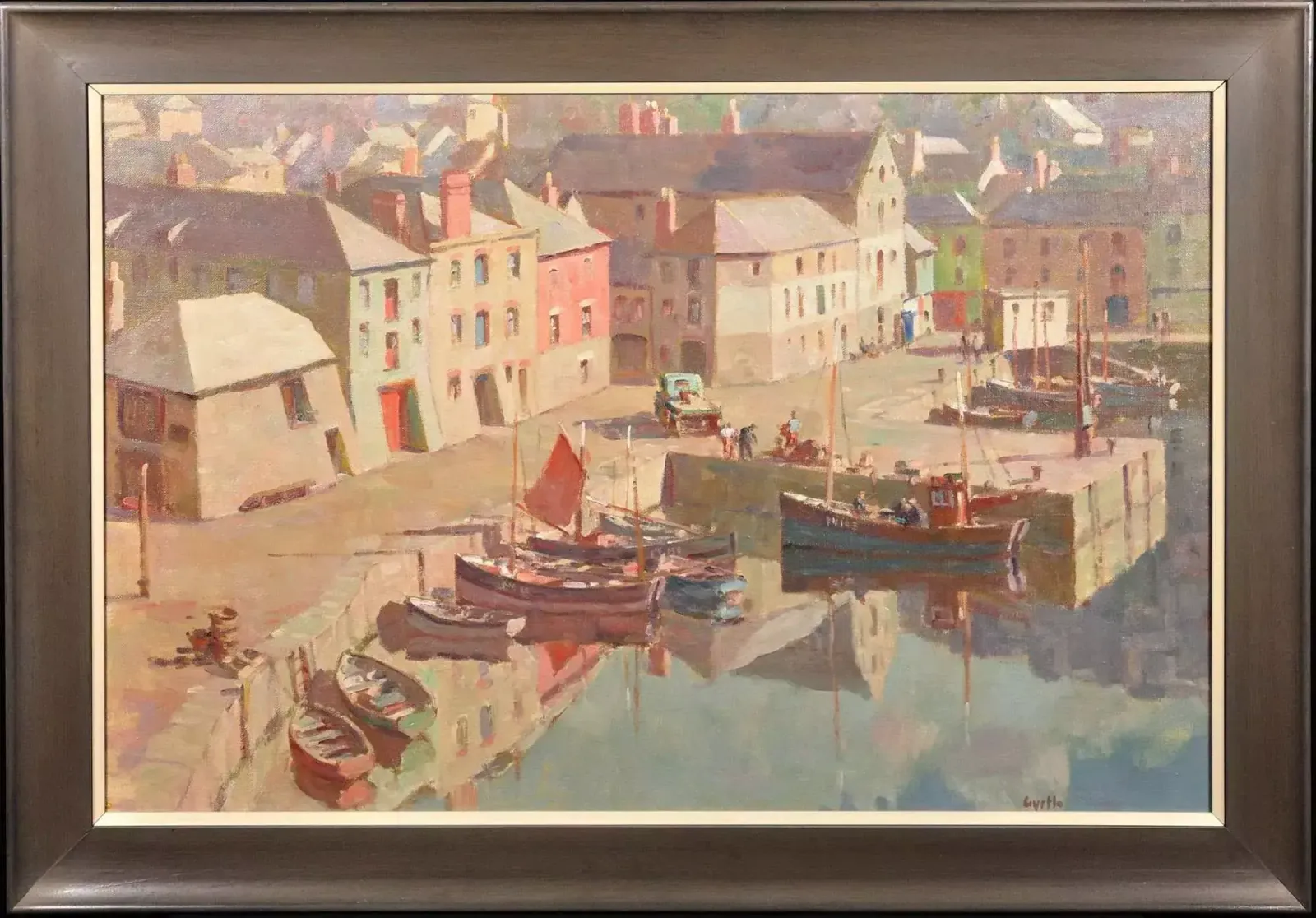 Gyrth Russell 1892 To 1970. Canadian. Before The Hot Day Brightens To Blue (Mevagissey Harbour, Cornwall). Framed Cornish Landscape Oil Painting.