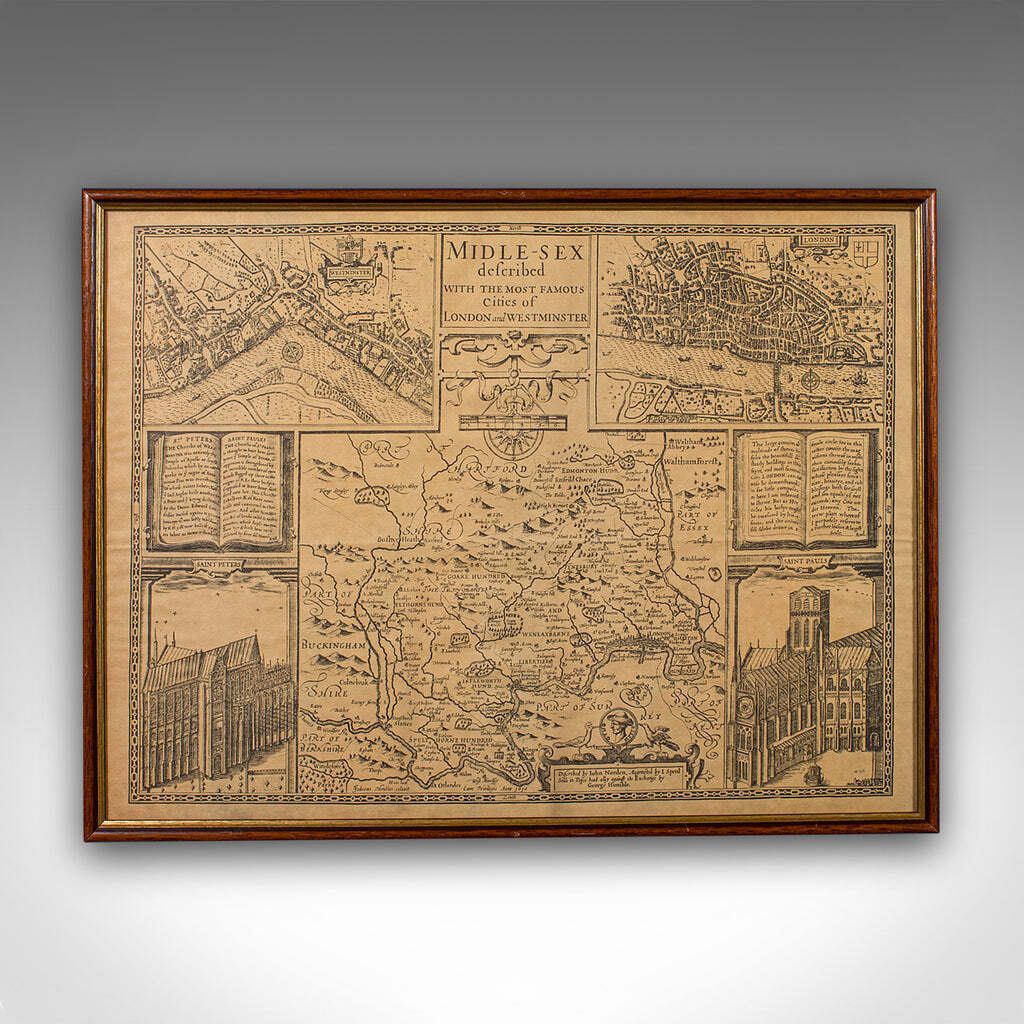 Vintage County Map, Middlesex, English, Framed 16th Century Print, John Norden photo furniture