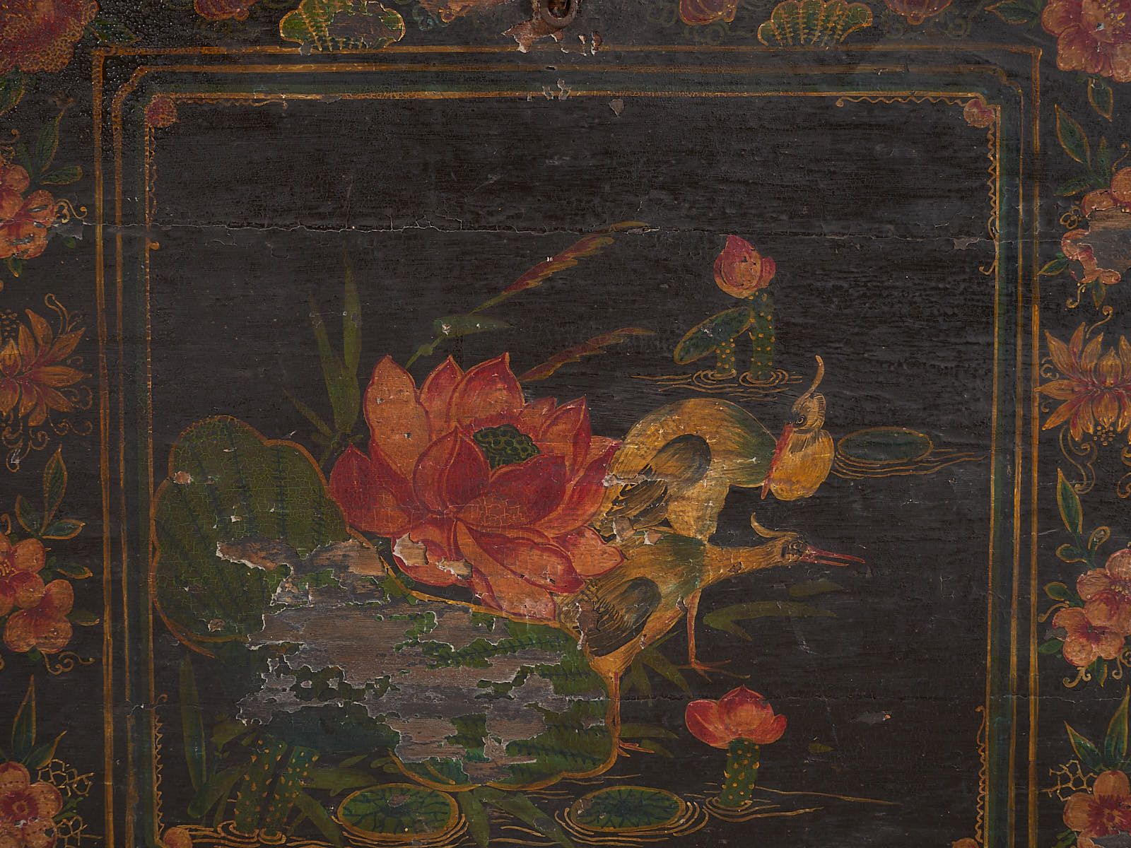 Traditional Chinese Opera Trunk With Illustrated Lotus Flower (China, C.1900) photo vinterior