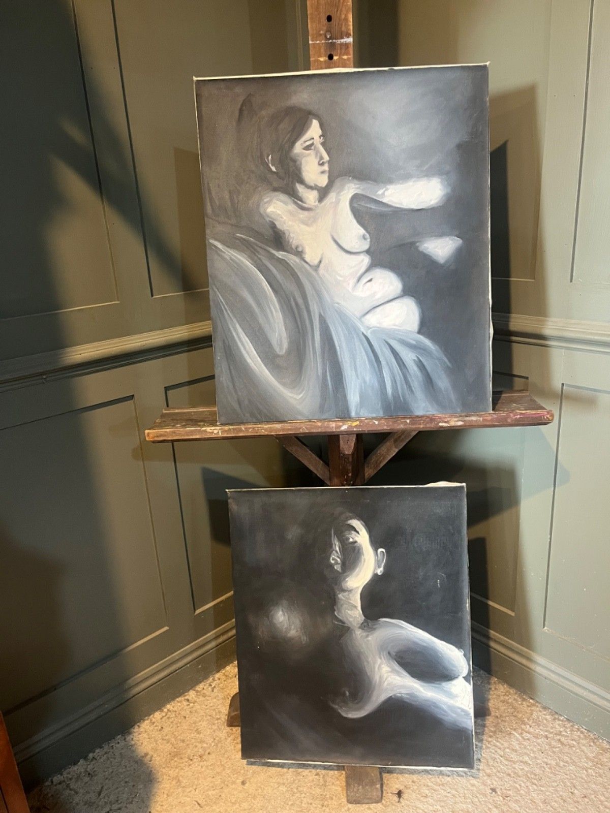 Female Nudes Oil Paintings Monochrome Pair On Canvas photo furniture